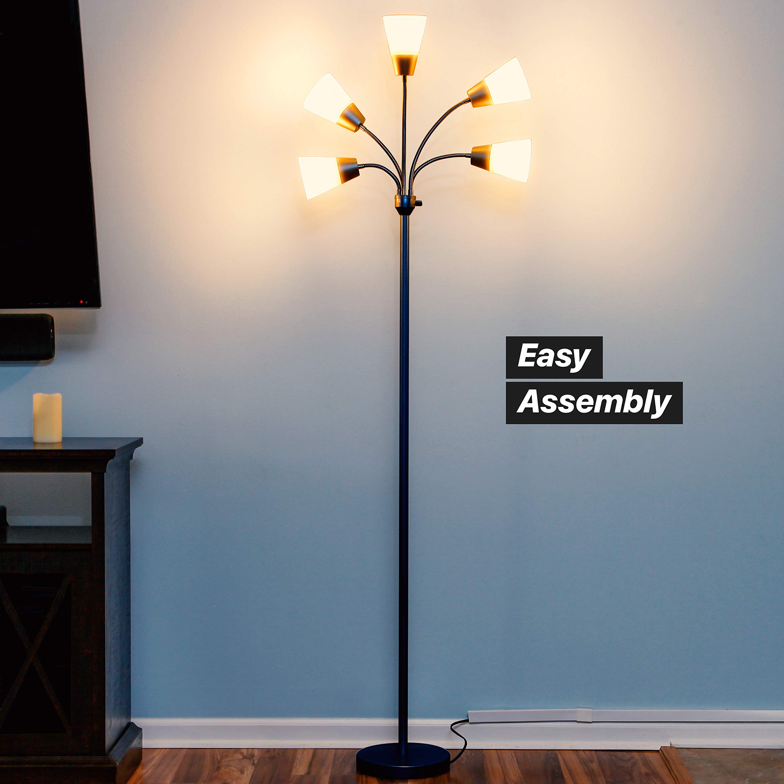 Brightech Medusa Modern LED Floor Lamp - Adjustable Multi-Head Standing Light with 5 LED Bulbs & Interchangeable Shades - Tall Contemporary Lighting for Living Room, Office, Reading Nook & Hobby Spaces - Black