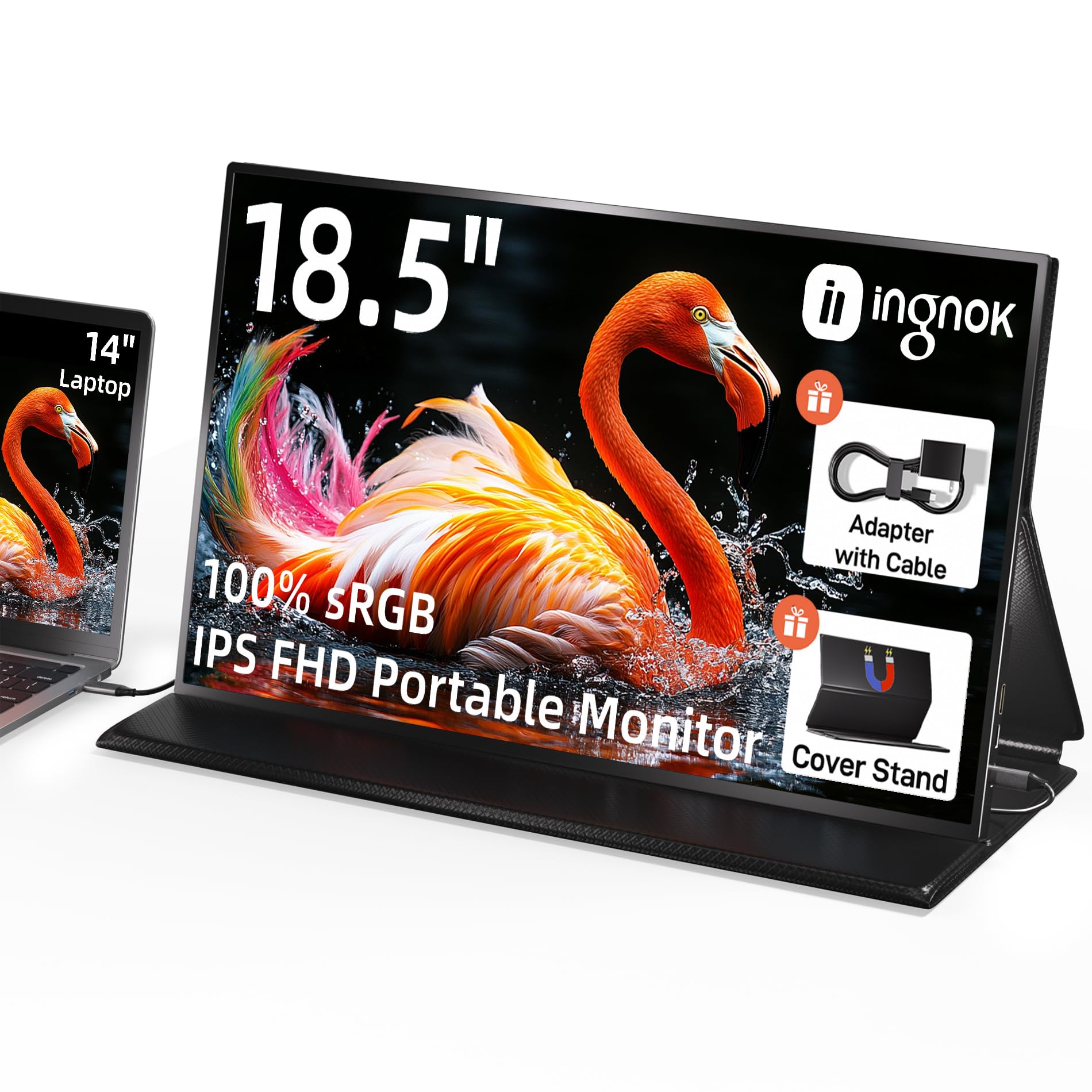 18.5 Inch Portable Monitor FHD 1080P 100% sRGB USB C HDMI External Screen for Laptop Mac PC - Gaming, Work & Travel with Smart Cover & Built-in Speakers