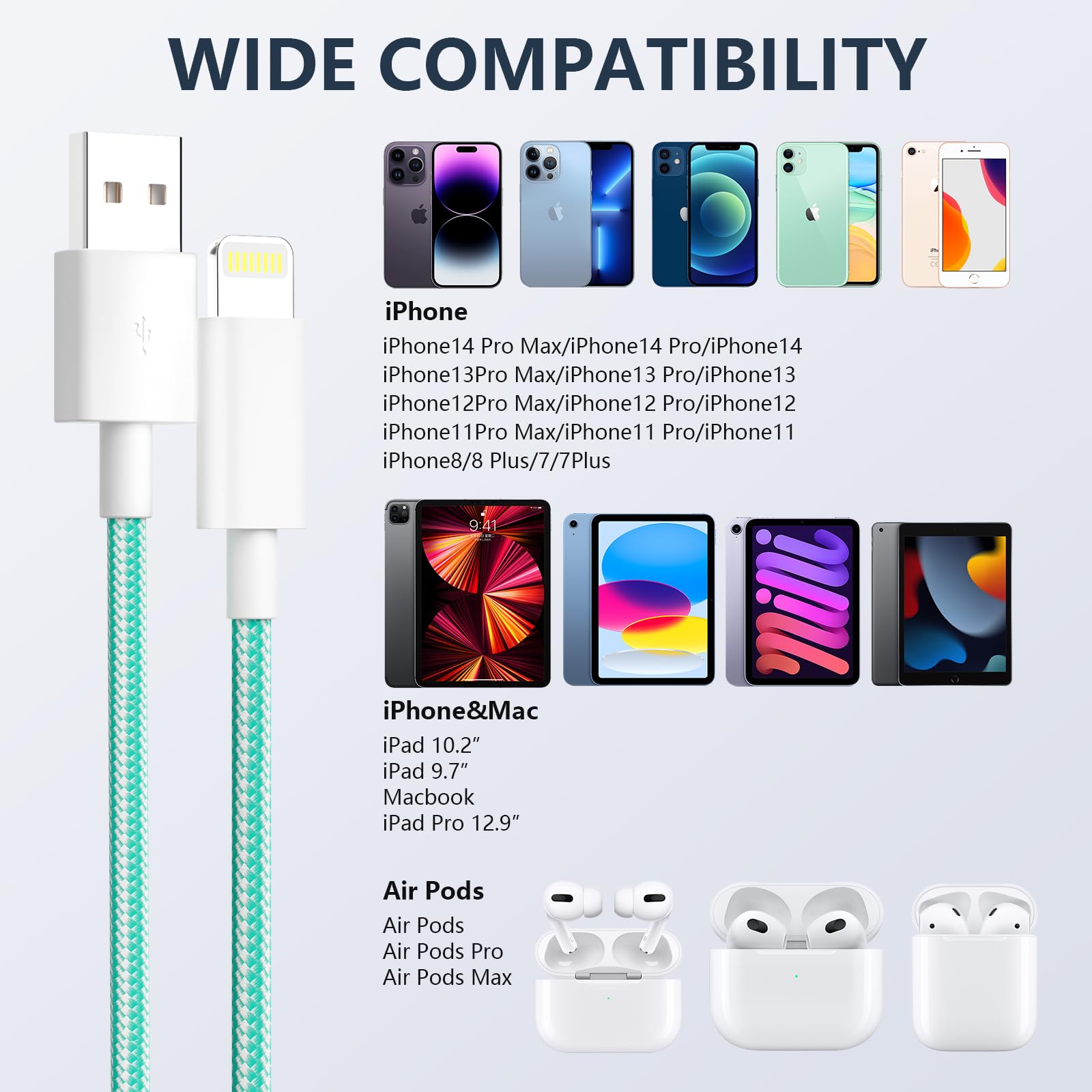 6-Pack MFi Certified iPhone Charger Cables (3/3/6/6/6/9FT) - Durable Nylon Braided USB to Lightning Cable for iPhone 14/13/12/11/Pro Max/XR/XS/X/8/7 Plus/SE - Pastel Colors for Home, Office & Travel Charging