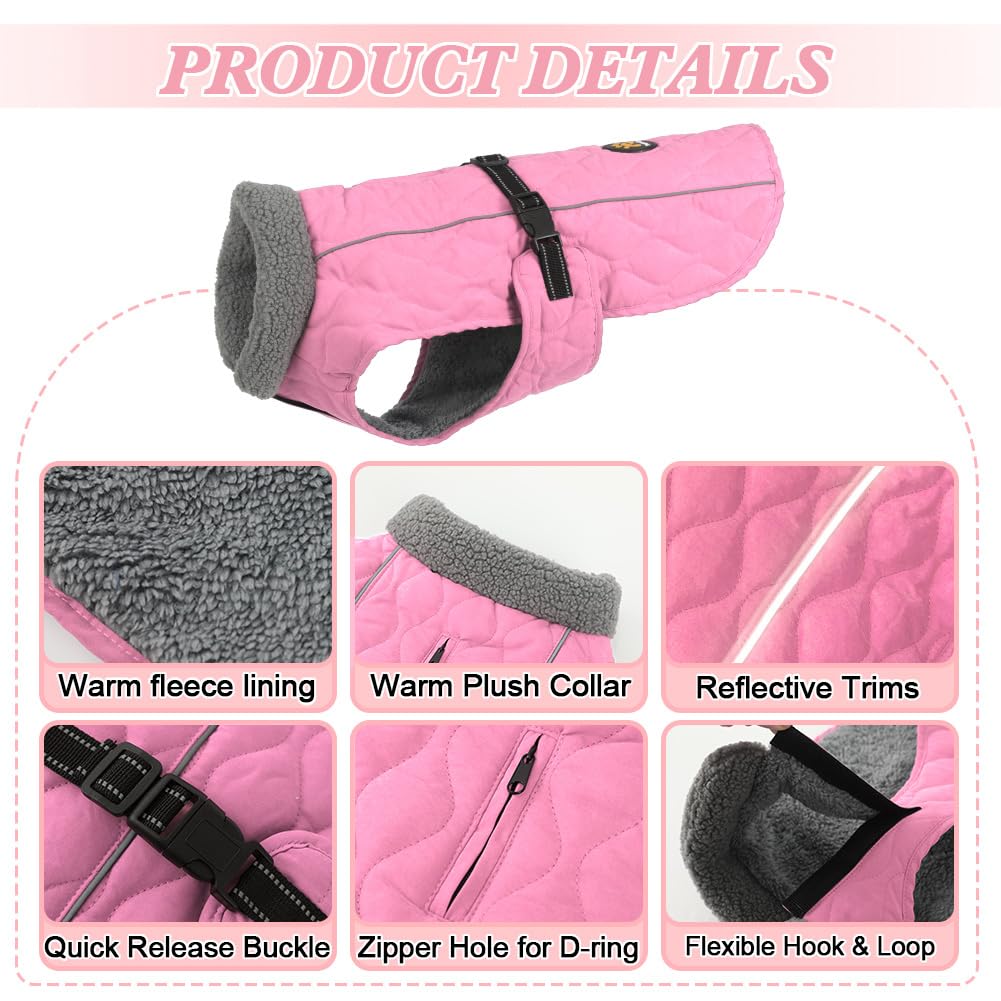 Warm Windproof Dog Winter Jackets with Fleece Lining & Reflective Strips - Furry Collar Winter Coats for Large Dogs (Pink) - Perfect for Cold Weather Walks & Outdoor Adventures