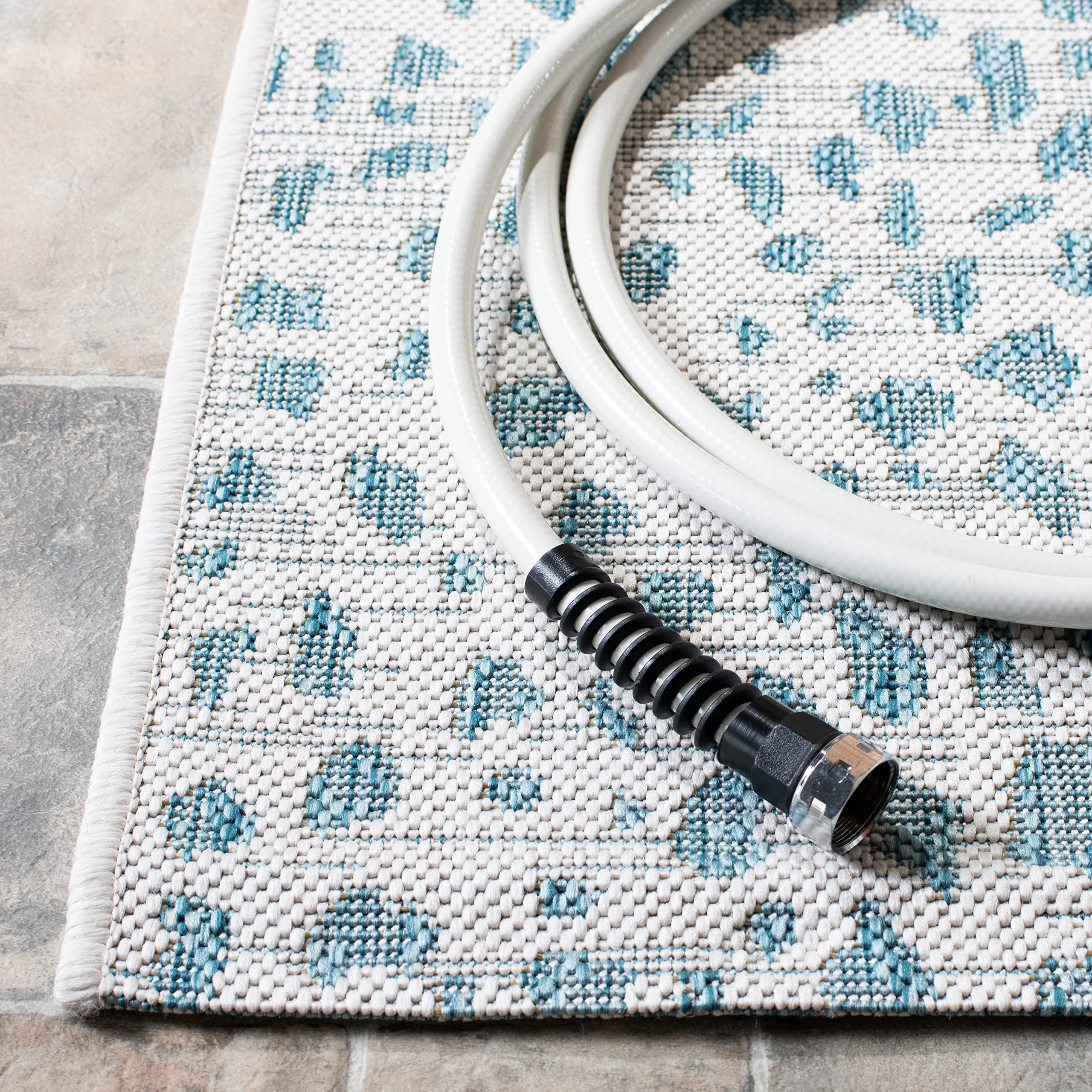 SAFAVIEH Courtyard Collection 8' x 10' Ivory/Aqua Indoor Outdoor Waterproof Rug - Easy to Clean, Stain Resistant for Patio, Backyard, Mudroom, Deck & Poolside Use (CY8444)