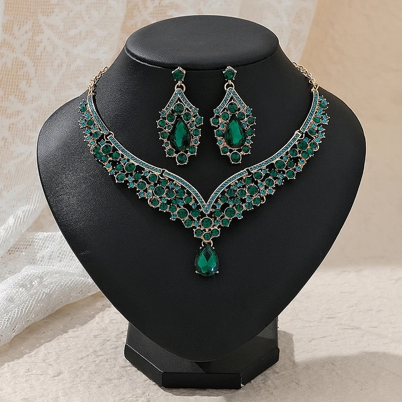 Elegant Green Water Drop Crystal Leaf Jewelry Set - Gold Necklace & Earrings for Women | Perfect for Bridal, Wedding, and Formal Occasions