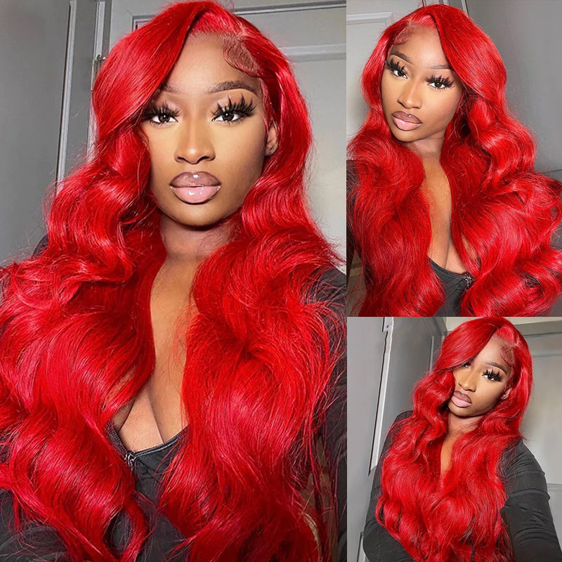 Eullair Nicki Minaj Inspired Red Straight/Body/Deep Wave Human Hair Lace Frontal Wig for Women with Pre-Plucked Hairline - Perfect for Cosplay, Parties & Daily Wear