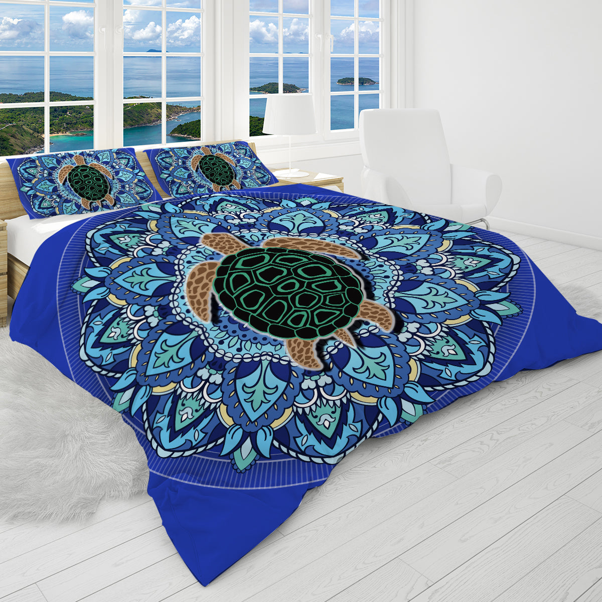 Blue Mandala Turtle Reversible Comforter Set - King Size Bedding with Matching Pillow Shams - Boho Chic Bedroom Decor for Guest Rooms & Dorm Essentials