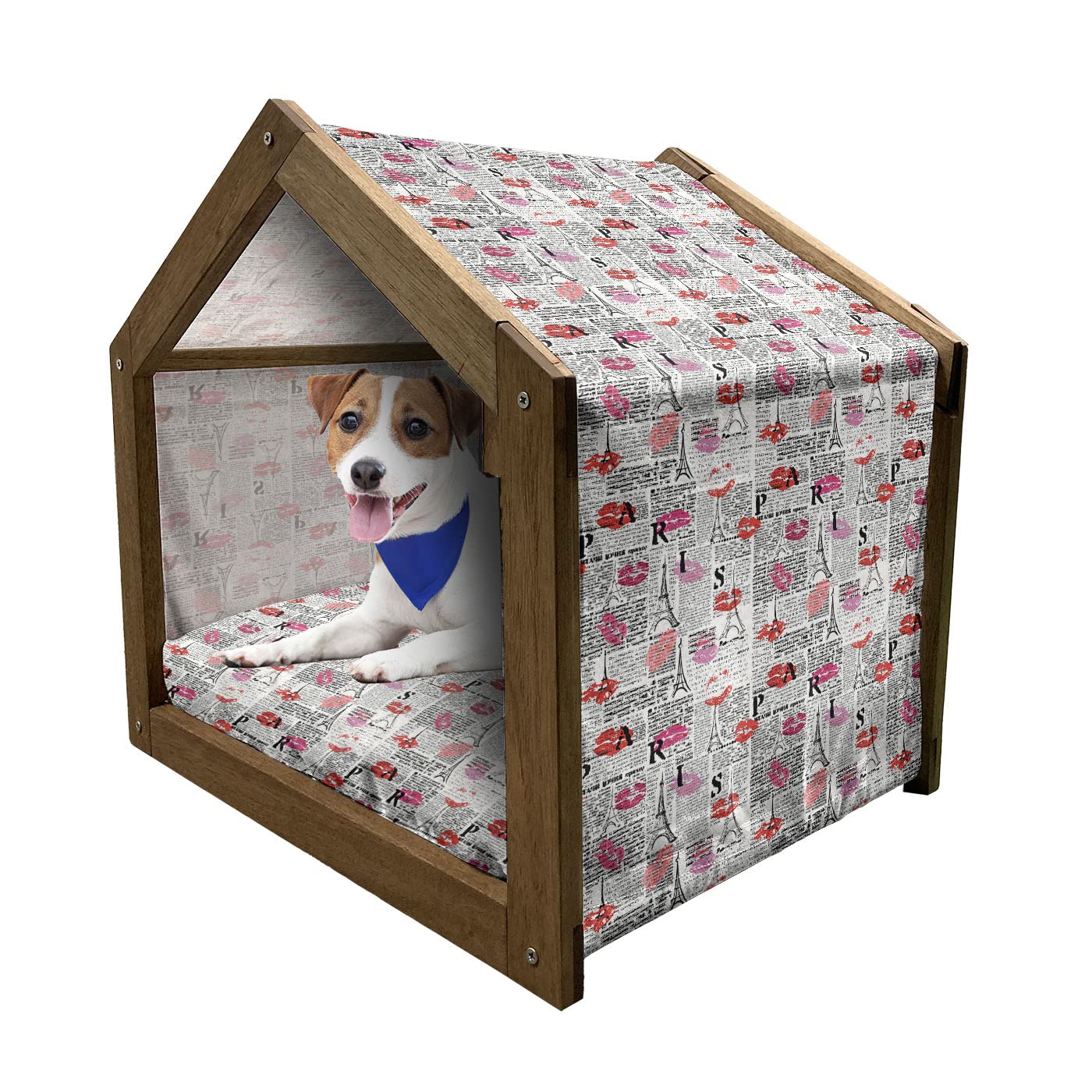 Ambesonne Paris Wooden Pet House with Eiffel Tower Sketches & Lipstick Kisses Pattern - Indoor/Outdoor Portable Dog Kennel with Pillow & Cover - Medium Size Charcoal Grey Multicolor - Perfect for Small Dogs in Apartments, Gardens or Travel