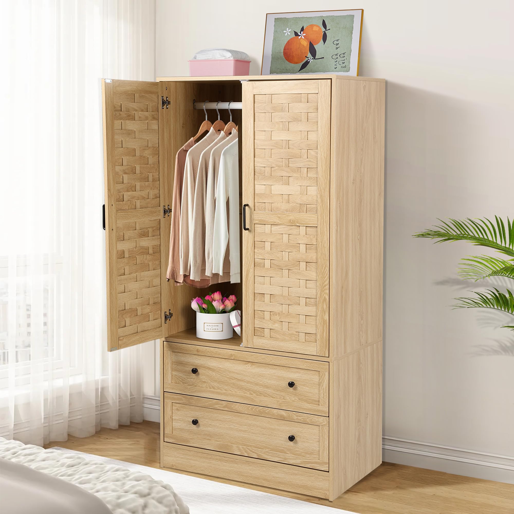 LEVNARY Armoire Wardrobe Closet - Freestanding Oak Cabinet with 2 Woven Doors, 2 Storage Drawers & Hanging Rail | Perfect for Bedroom, Guest Room or Dorm Organization & Clothes Storage (Natural Oak Finish)