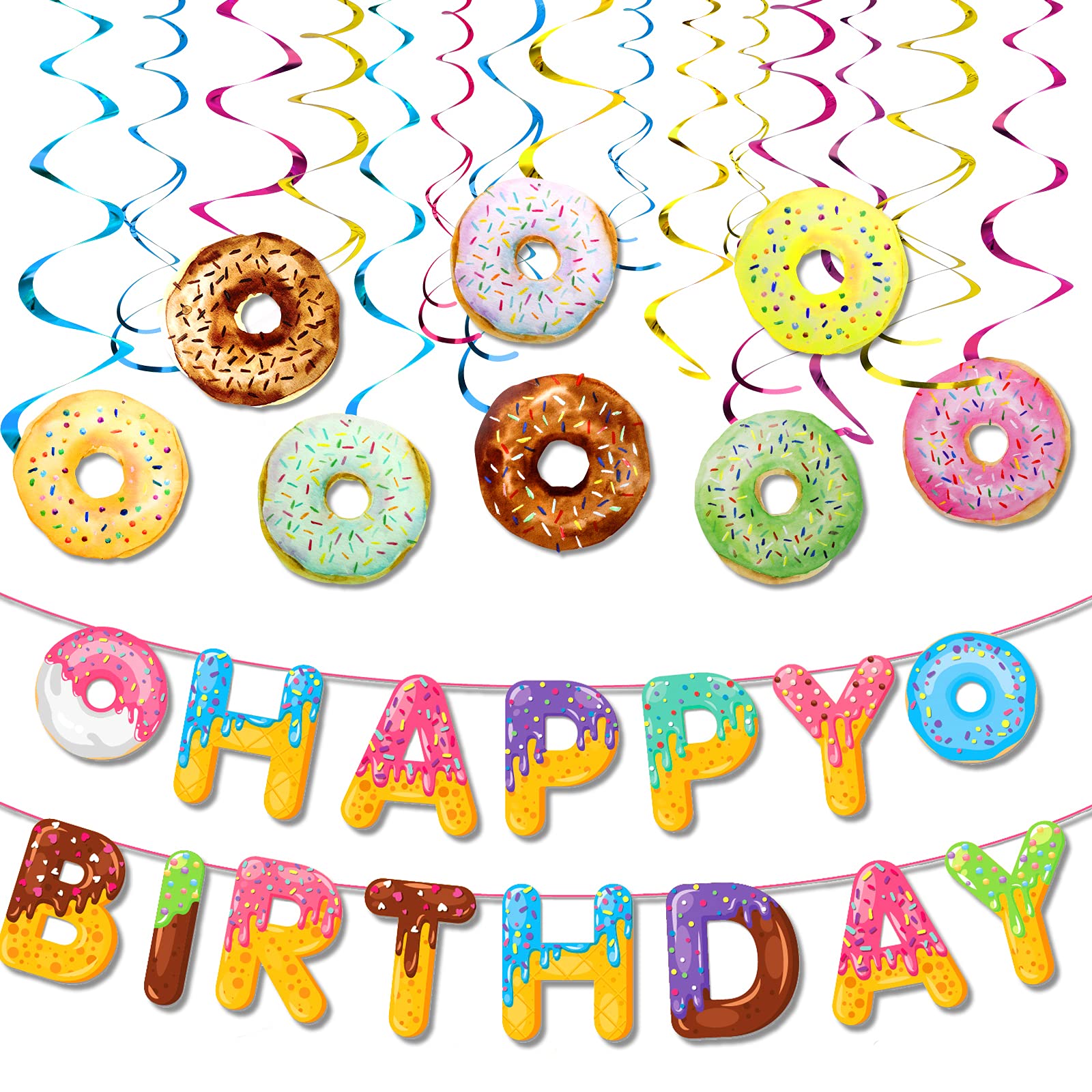 Donut Birthday Party Decorations - Happy Birthday Banner & Hanging Swirls for Donut Theme Parties, Baby Showers & Tea Parties | Perfect for Indoor & Outdoor Celebrations