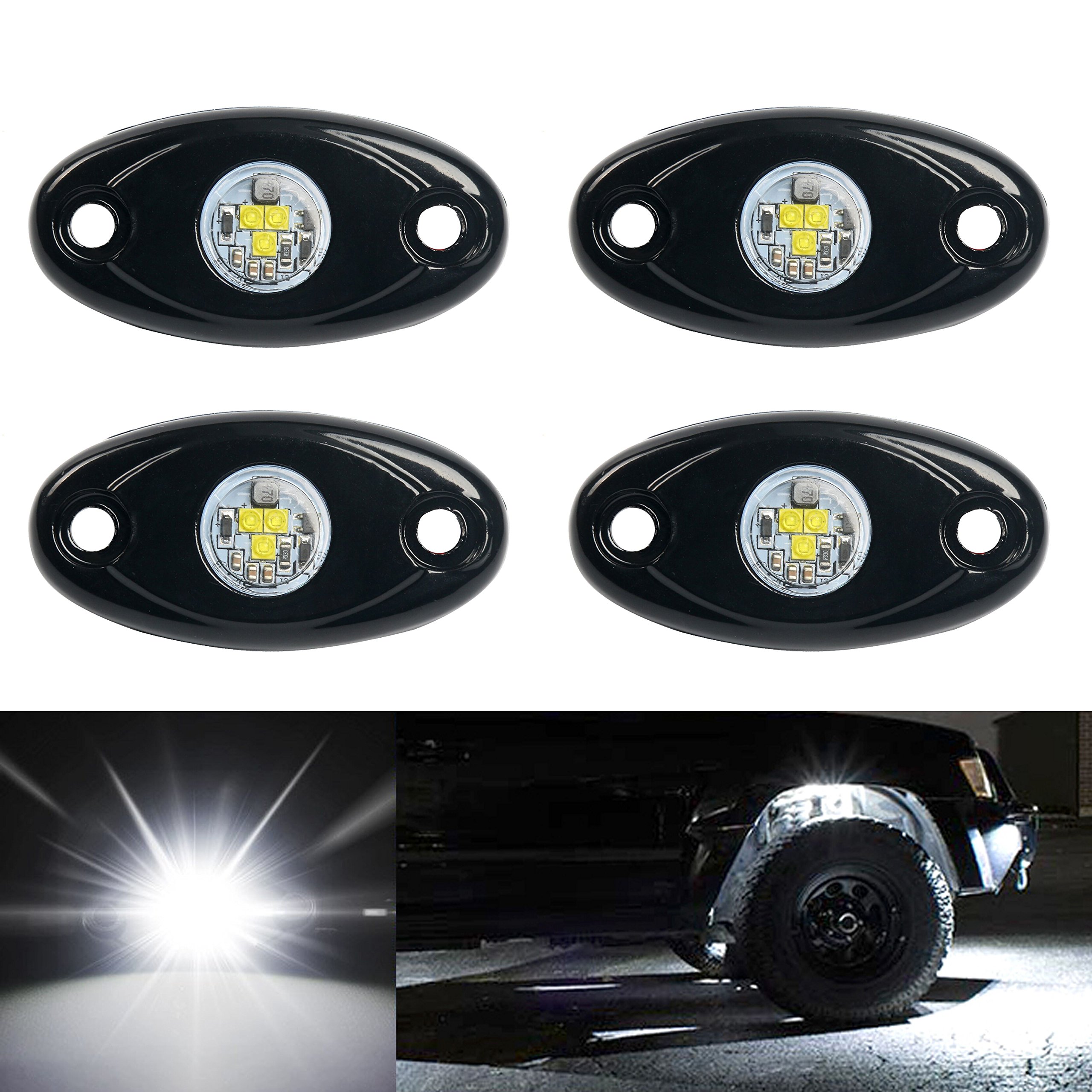Yaeccc 4-Pack White LED Rock Lights - Waterproof Underbody Glow Kit for Cars, Trucks, ATVs, UTVs, SUVs & Boats | Neon Underglow Lighting for Off-Road Trail Rigs & Night Driving