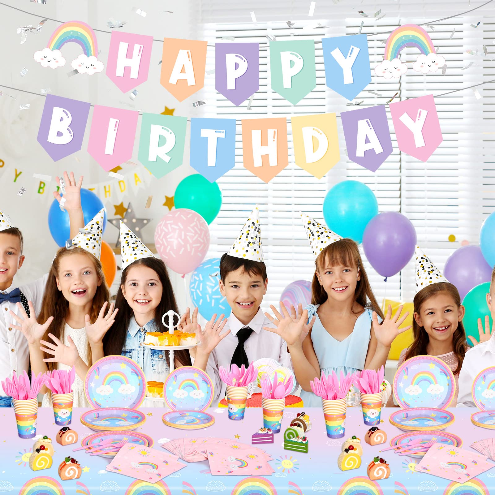 212-Piece Pastel Rainbow Birthday Party Supplies Set - Includes Paper Plates, Tablecloth, Cups, Napkins, Cutlery & Banner for 30 Guests - Perfect for Rainbow Themed Parties, Baby Showers & Celebrations (Cute Style)