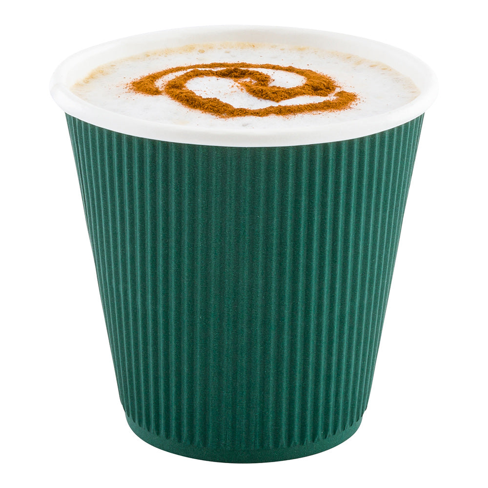 8 oz Eco-Friendly Forest Green Paper Coffee Cups with Ripple Wall Design - 3.5
