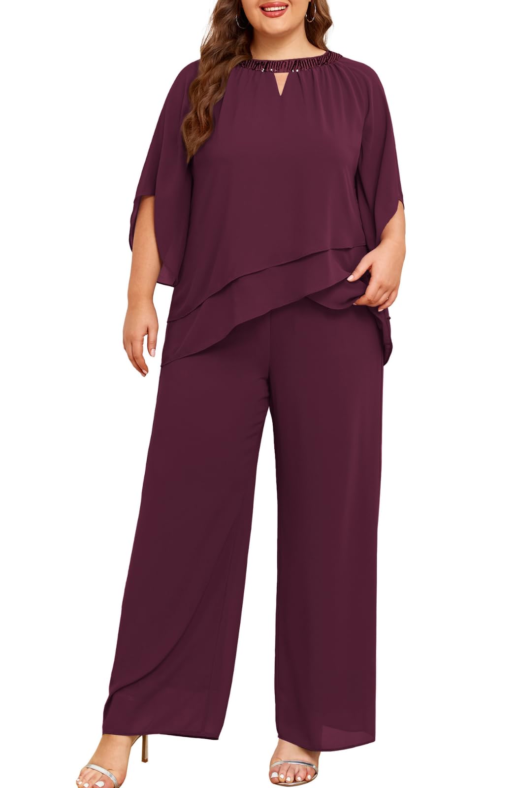 Hanna Nikole Plus Size Mother of the Bride Pant Suit - 2 Piece Chiffon Formal Pantsuit with Half Sleeves for Wedding Guest Outfit | Elegant Wedding Party Attire & Special Occasion Wear