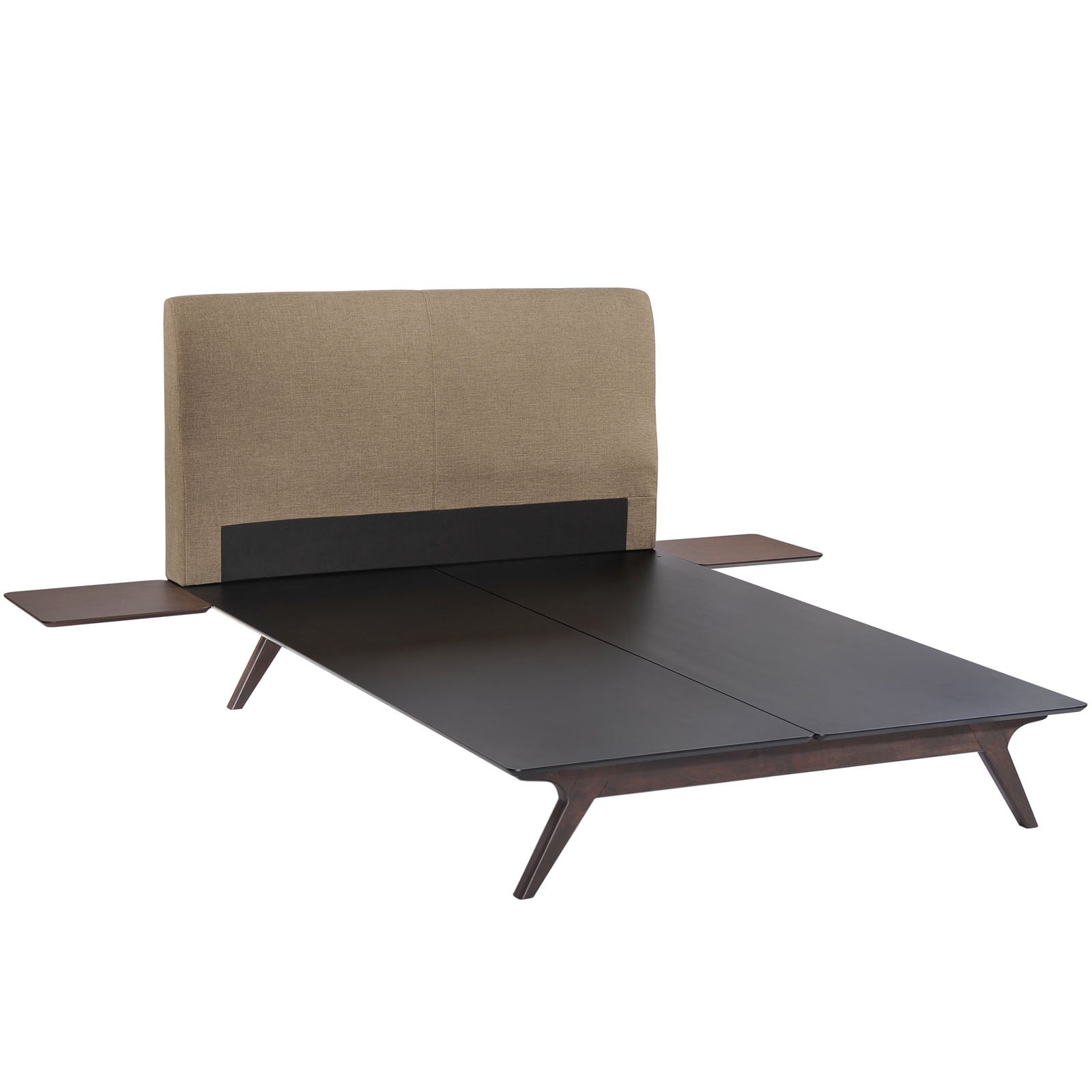 Modway Tracy Mid-Century Modern Wood Platform Queen Bed with 2 Nightstands in Cappuccino Latte - Stylish Bedroom Furniture Set for Contemporary Home Decor