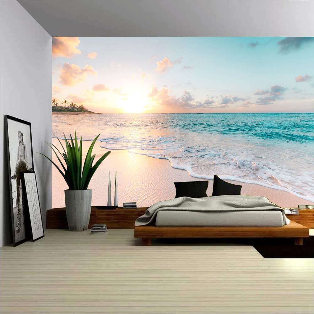 Romantic Sunset Beach Wall Mural - Premium Printed Wallpaper for Living Room, Bedroom & Dining Room Decor | Non-Peel & Stick | Perfect for Coastal, Boho or Vacation Theme Home Design