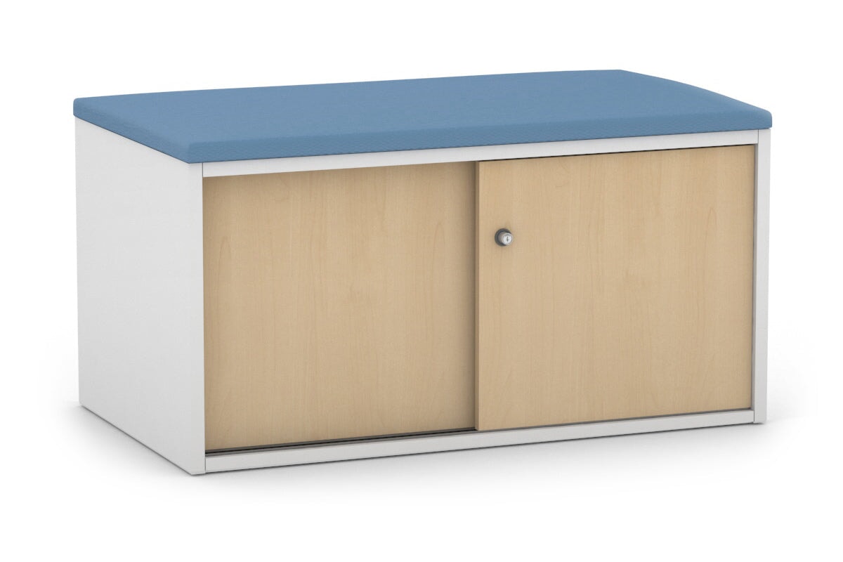 Low Profile 2-Door Sliding Credenza with Top Cushion - Modern TV Stand for Living Room, Bedroom Storage Cabinet with Smooth Gliding Doors