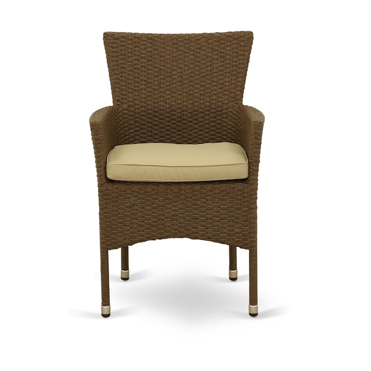 East West Furniture BKLC102A Outdoor Patio Wicker Arm Chairs with Cushion, Set of 2, Brown - Perfect for Garden, Poolside, or Backyard Relaxation