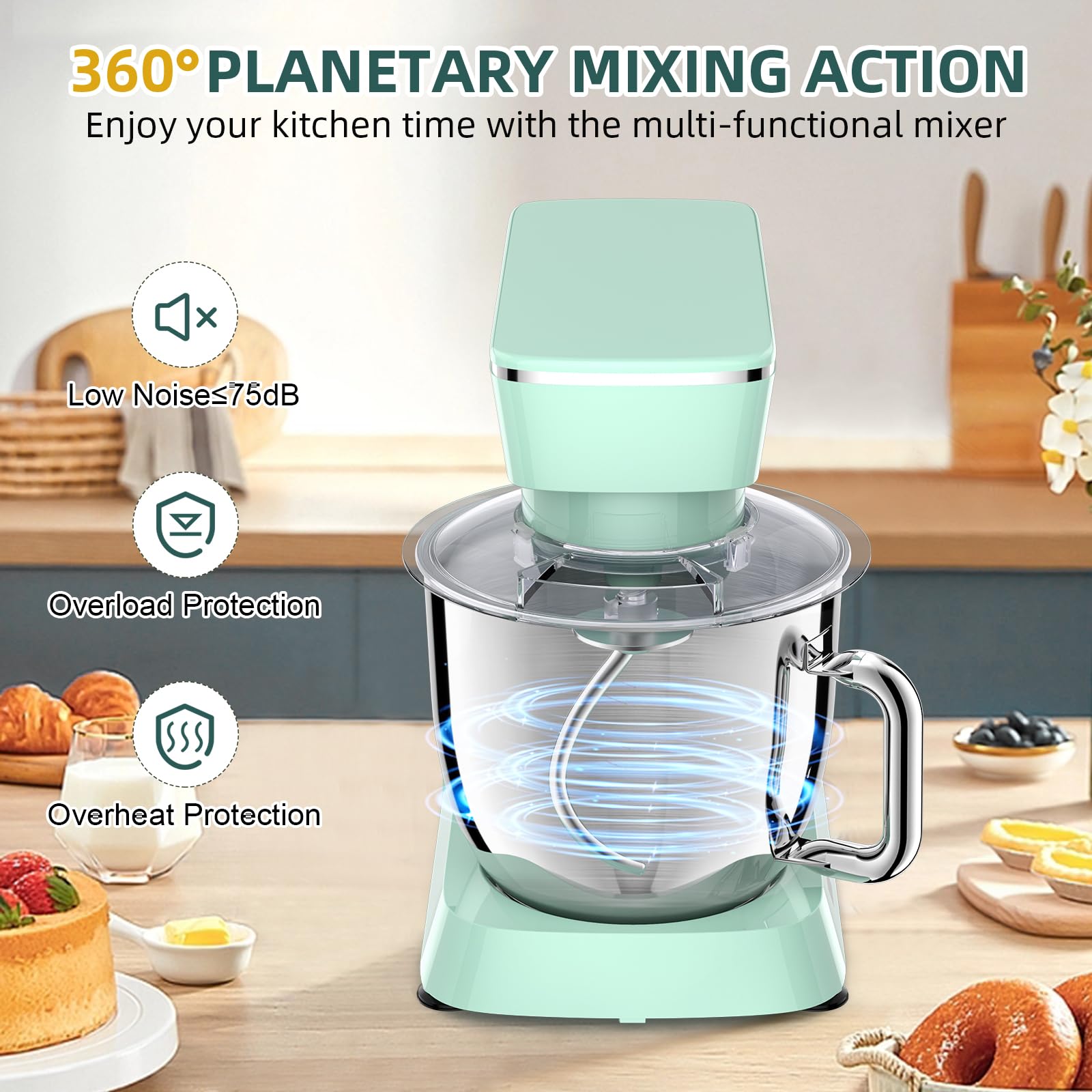 6QT 10-Speed Tilt-Head Stand Mixer with Stainless Steel Bowl - Dough Hook, Flat Beater & Wire Whisk Included - Perfect for Baking Bread, Cakes & Cookies - Green Kitchen Electric Mixer for Home Bakers