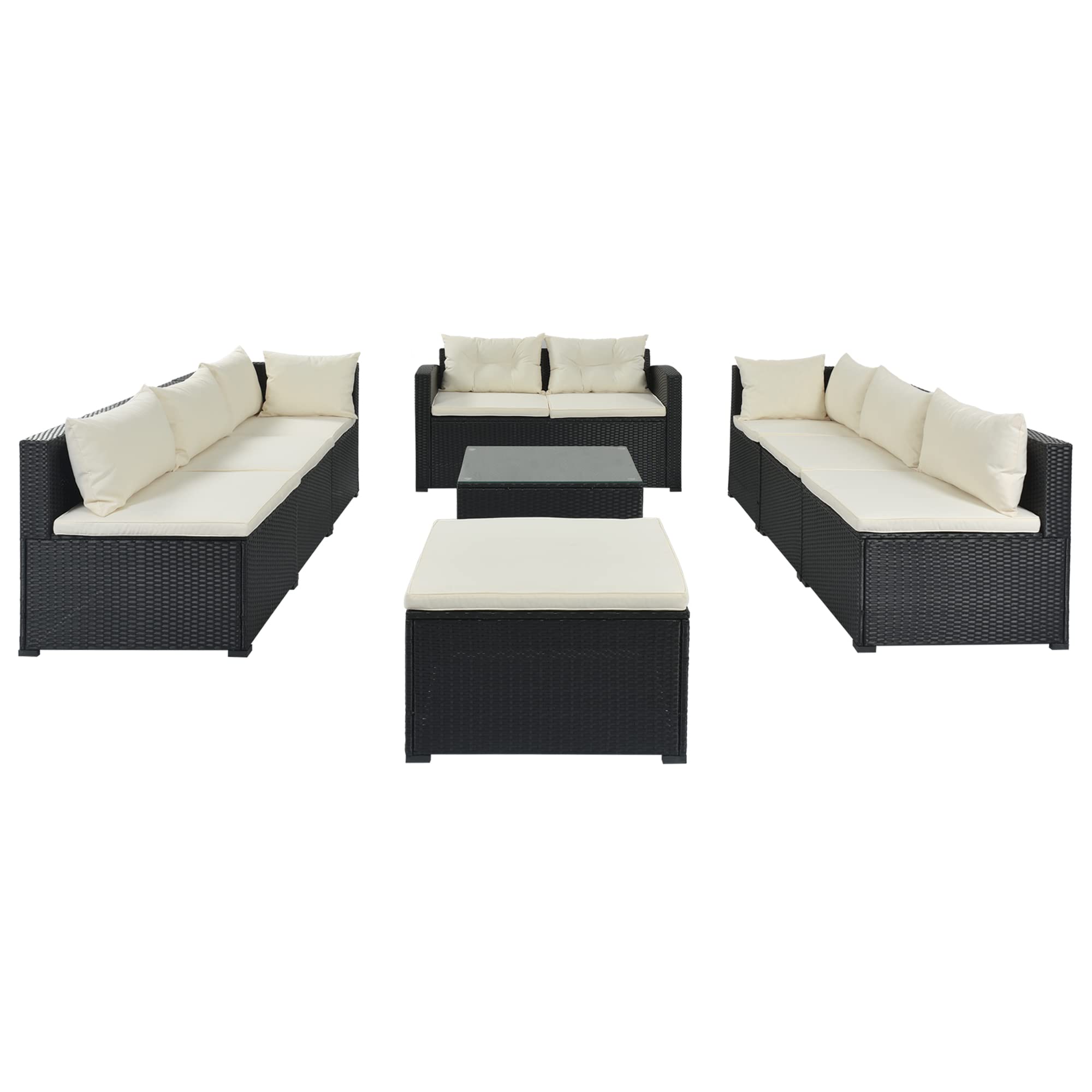 9-Piece Outdoor Patio Furniture Set - Large Wicker Rattan Sofa Sectional with Beige Cushions - Black Synthetic Wicker for Garden, Backyard, Porch & Poolside - Perfect for Relaxing, Entertaining & Outdoor Lounging