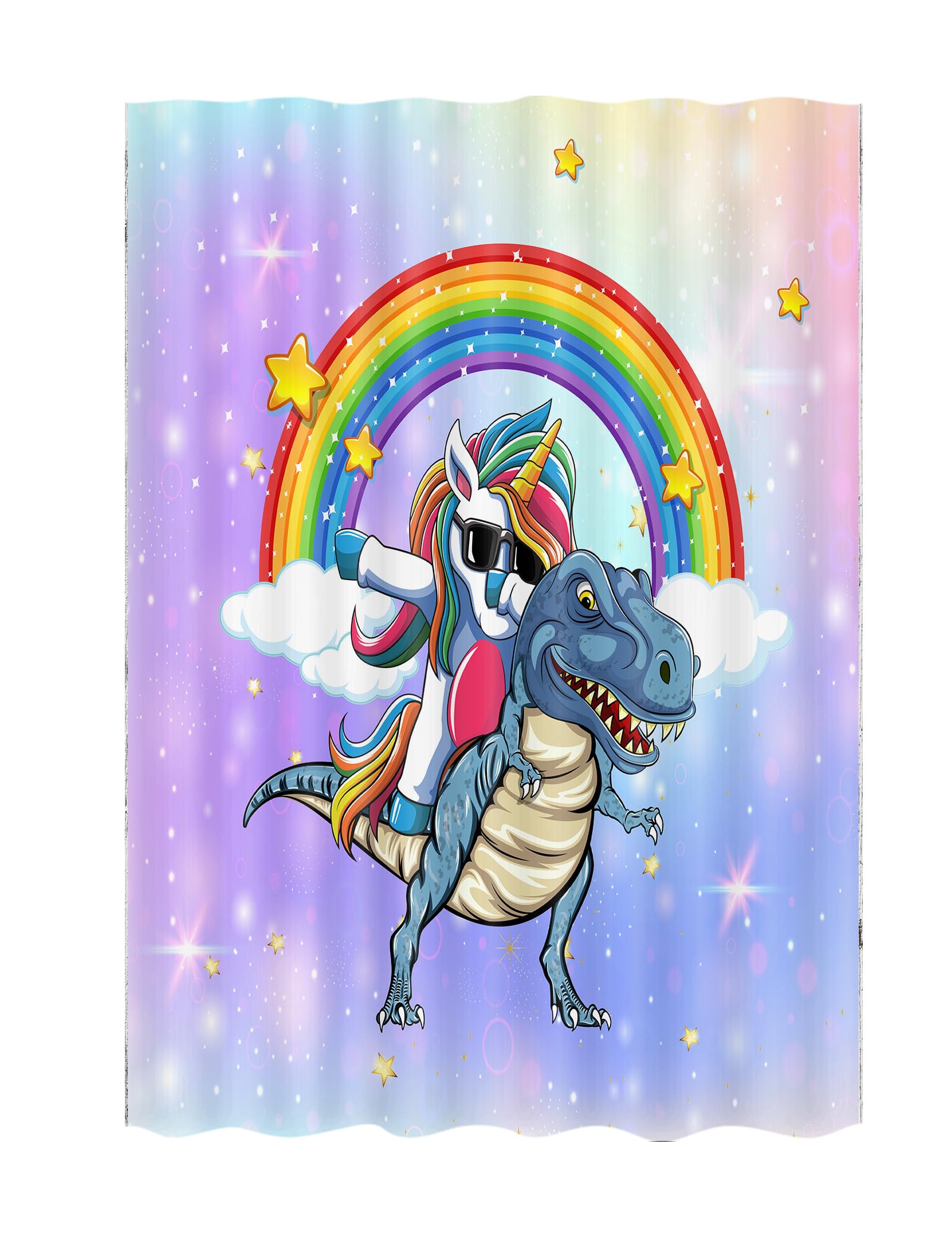 Funny Unicorn Riding Dinosaur Camper Shower Curtain Set - 47x64 Inch Small Narrow Travel Trailer Bathroom Decor with Hooks | Perfect for RV, Camping & Outdoor Adventures - Happy Camping Accessories