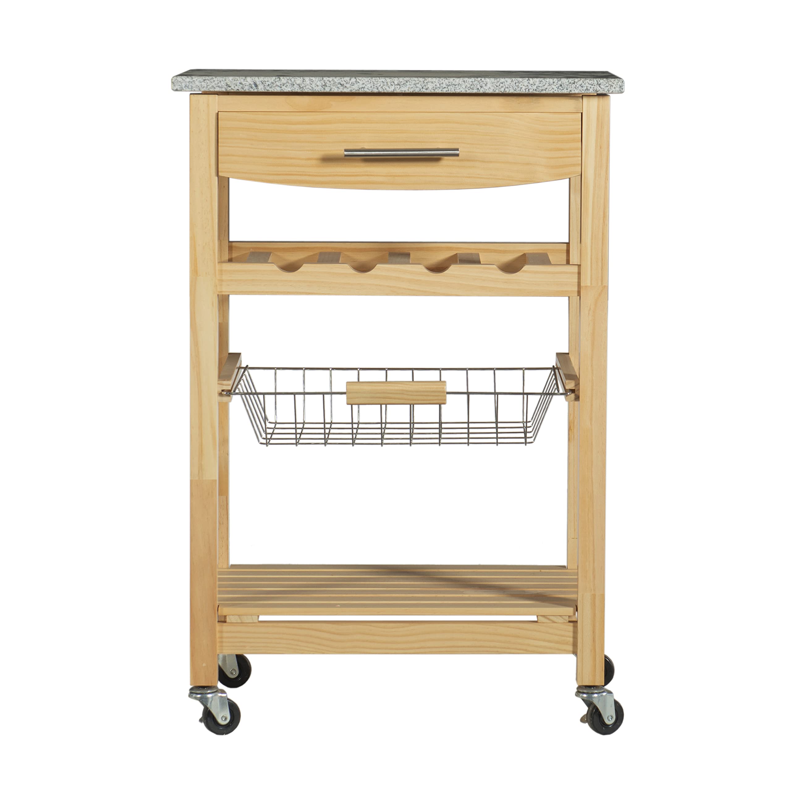 Linon Mila Natural Granite Kitchen Island with Storage Basket & Wheels - Mobile Kitchen Cart for Small Spaces, Food Prep & Extra Counter Space