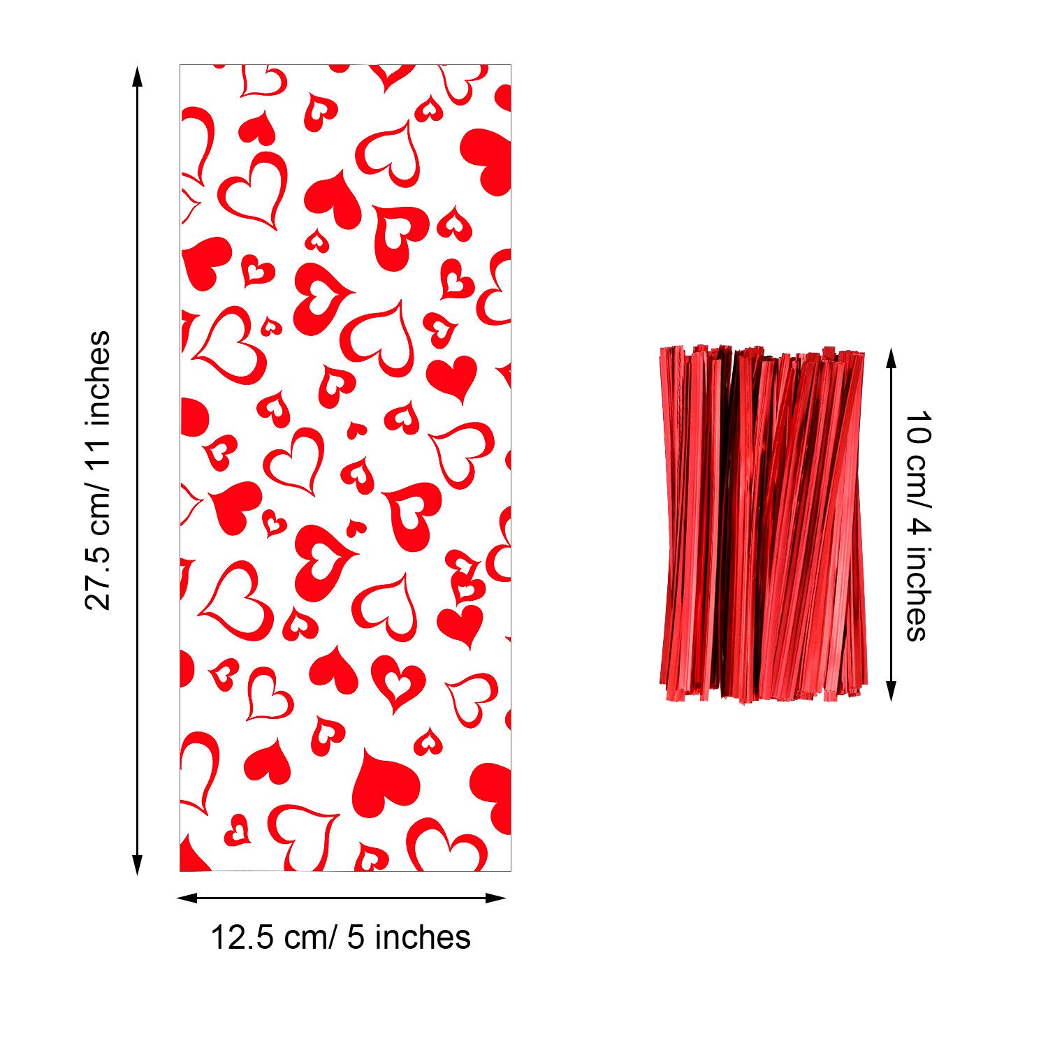 120-Piece Valentine's Day Treat Bags - Heart-Shaped Cellophane Candy Gift Bags with 150 Twist Ties - Perfect for Valentine's Party Favors, Classroom Treats & Wedding Candy Buffets