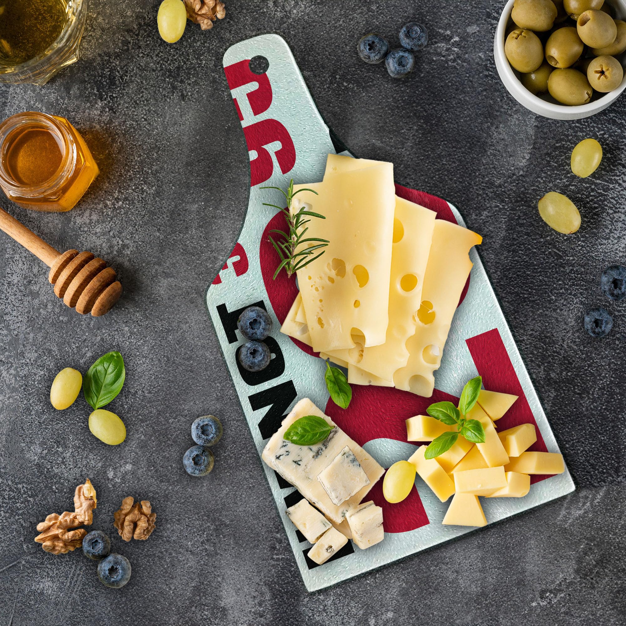 Ambesonne 30th Birthday Cutting Board - Funny 'Forever Young' Pictogram Design, Tempered Glass Serving Board in Wine Bottle Shape (Red, Black & White) - Perfect for Birthday Parties, Kitchen Decor & Gift Giving