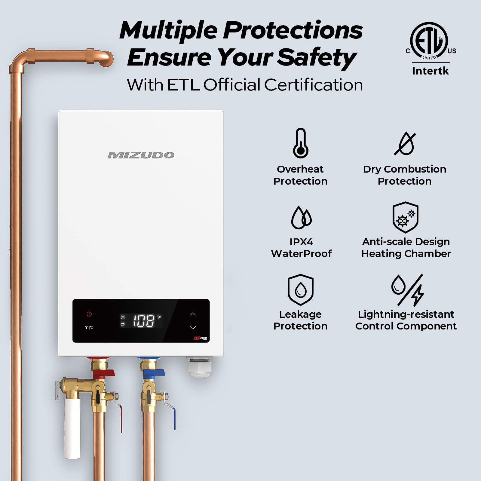 MIZUDO 14kW Electric Tankless Water Heater - 3.4 GPM Instant Hot Water for 2-3 Appliances, LED Digital Display, ETL Certified | Perfect for Homes, Apartments & Small Offices