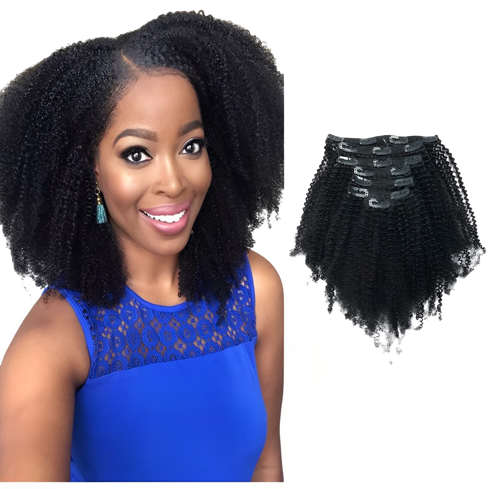 Sassina Afro Coily Human Hair Clip-in Extensions for Black Women - 4B 4C Natural Texture, 7 Pieces with 17 Clips, 120g, 16 Inch Jet Black #1 - Perfect for Protective Styles, Braids, Twist Outs & Everyday Volume