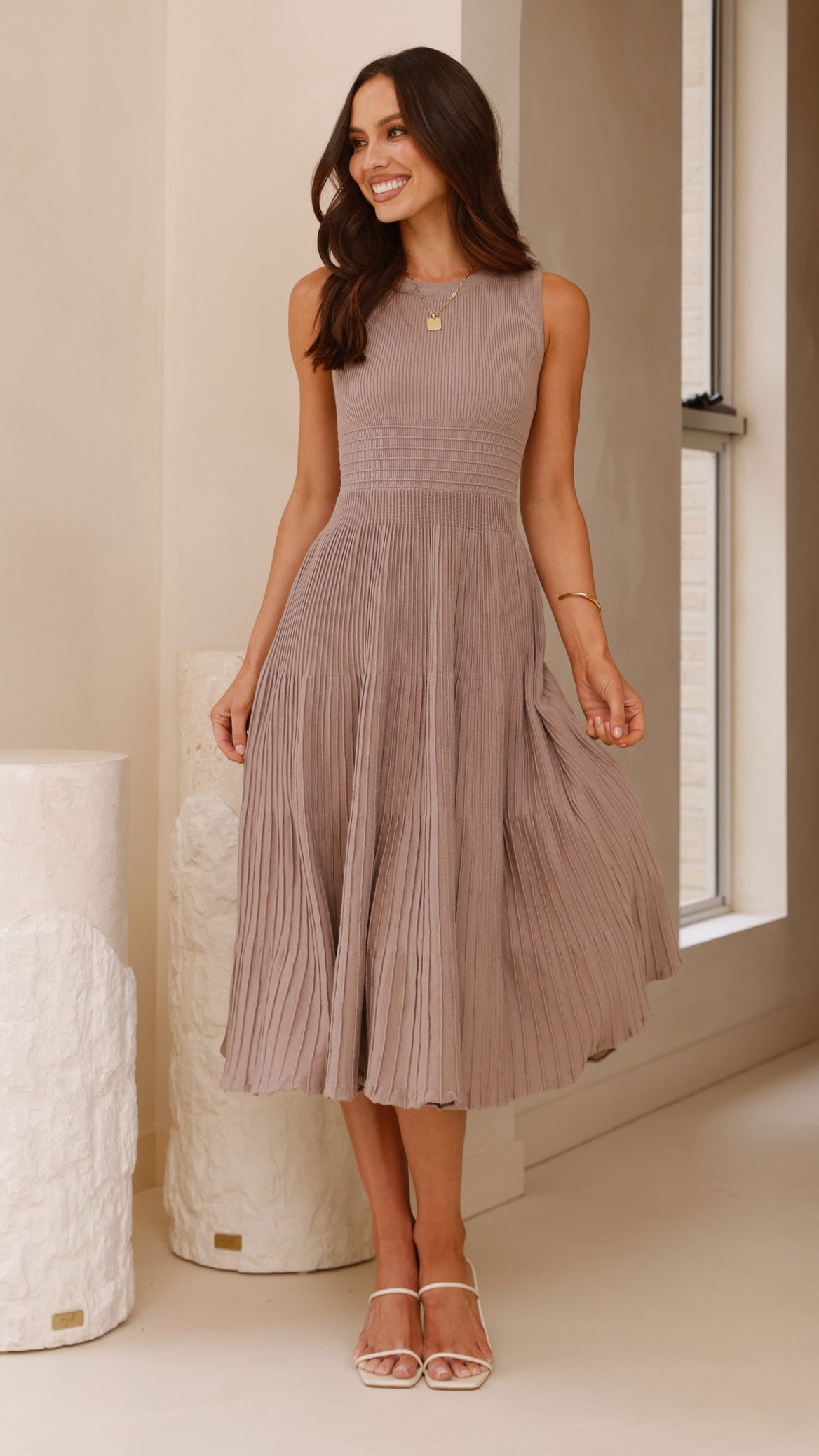 Kaida Women's Midi Dress - Elegant Mocha Brown Flowy Summer Dress for Casual Outings & Beach Vacations