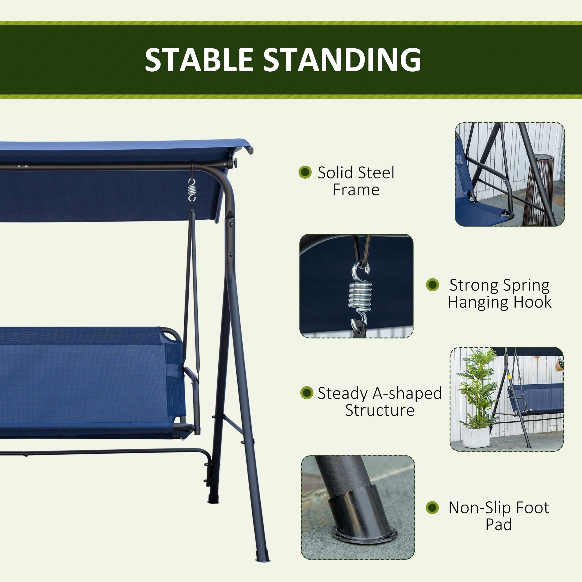 Outsunny 3-Person Outdoor Porch Swing with Stand - Steel Frame Patio Swing Bench with Adjustable Canopy & Comfortable Seat, Dark Blue - Perfect for Backyard, Garden, Deck Relaxation