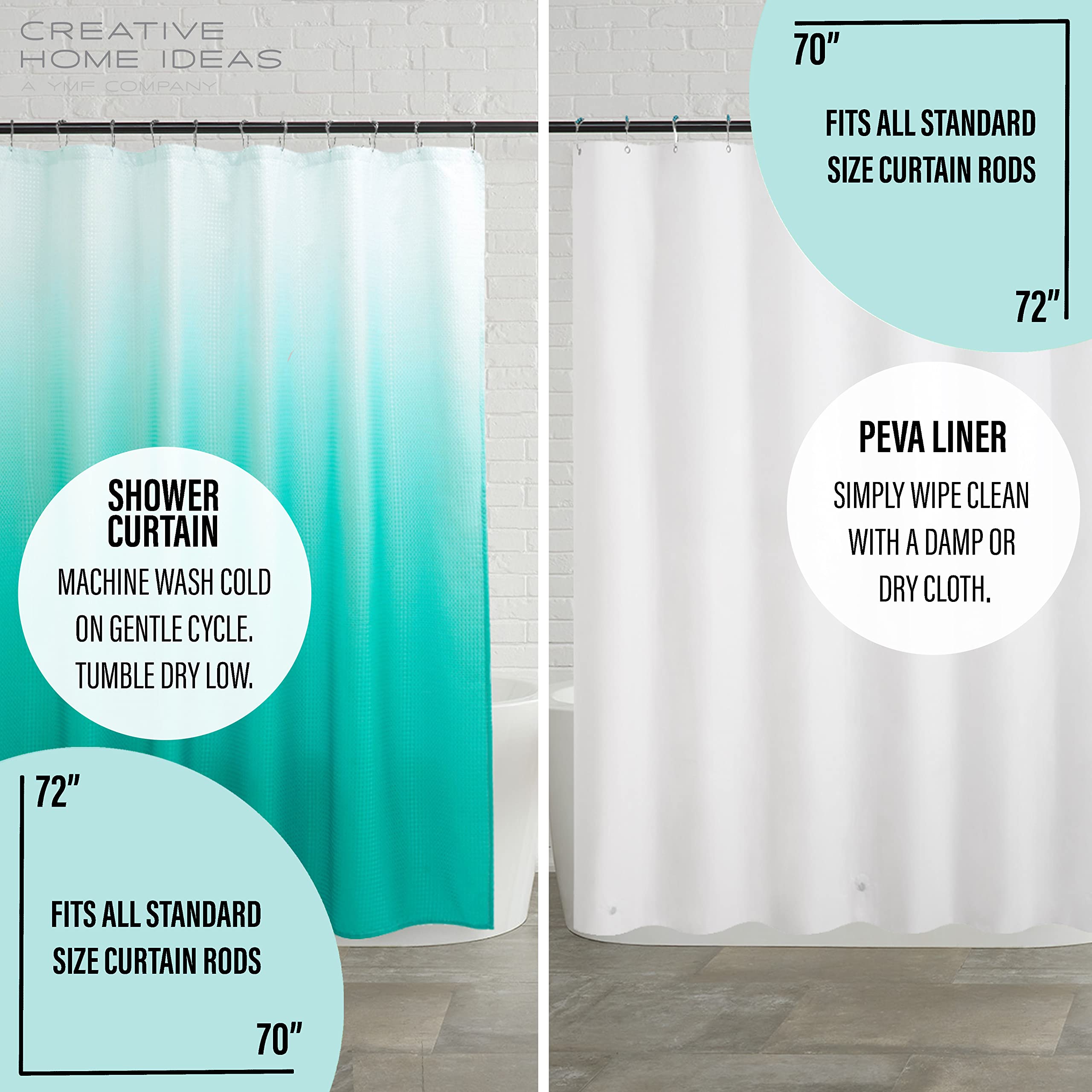 Turquoise Blue White Ombre 14-Piece Shower Curtain Set with Hooks & PEVA Liner - 70x72 Inch Bathroom Decor for Modern & Coastal Homes - Includes 1 Ombre Shower Curtain, 1 Frosted PEVA Liner & 12 Hooks - Perfect for Spa-Like Showers & Beach-Themed Bathrooms