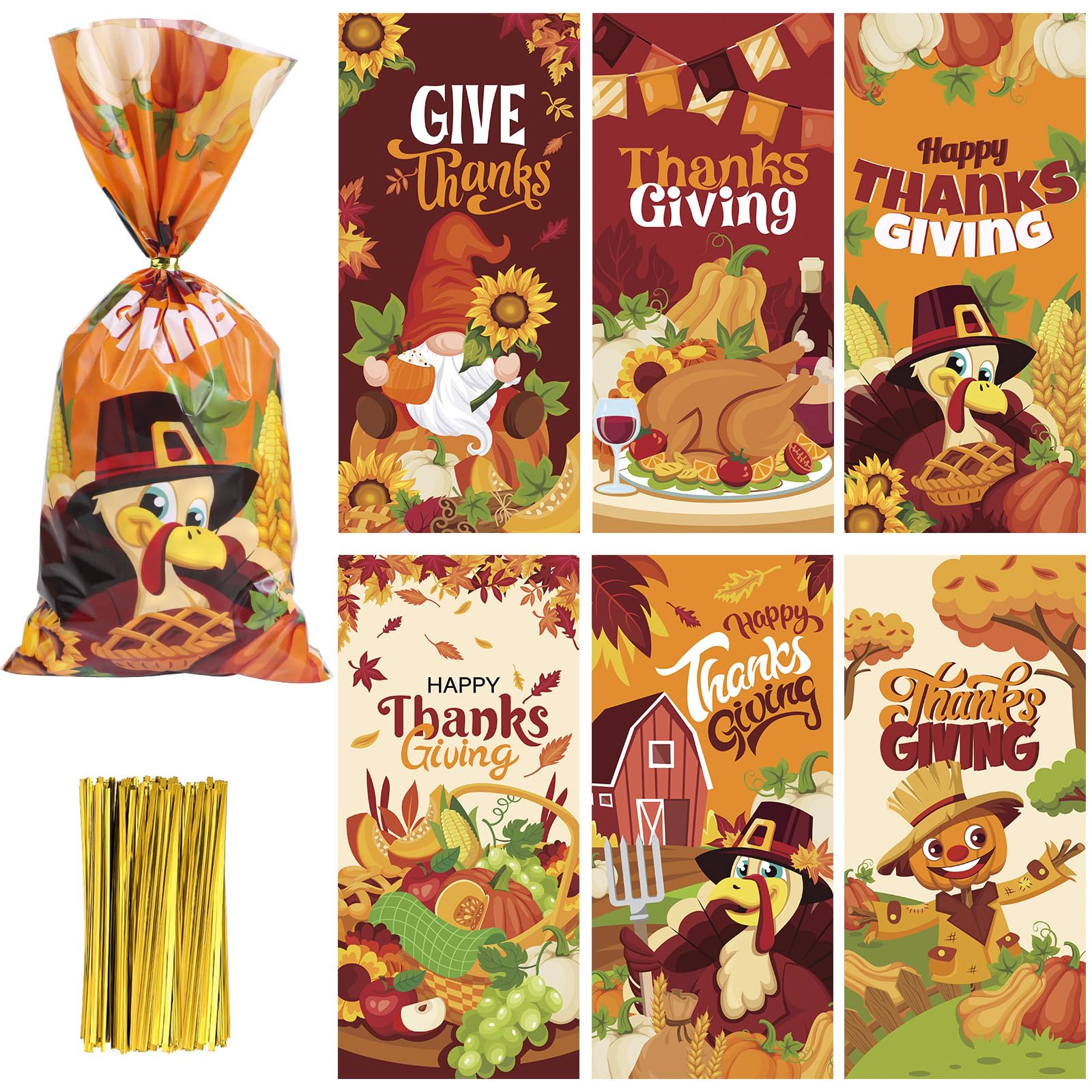 180 Pcs Thanksgiving Treat Bags - Fall Themed Cellophane Candy Bags with Maple Leaves, Turkey & Pumpkin Designs - Perfect for Thanksgiving Party Favors, Classroom Treats & Holiday Gift Giving