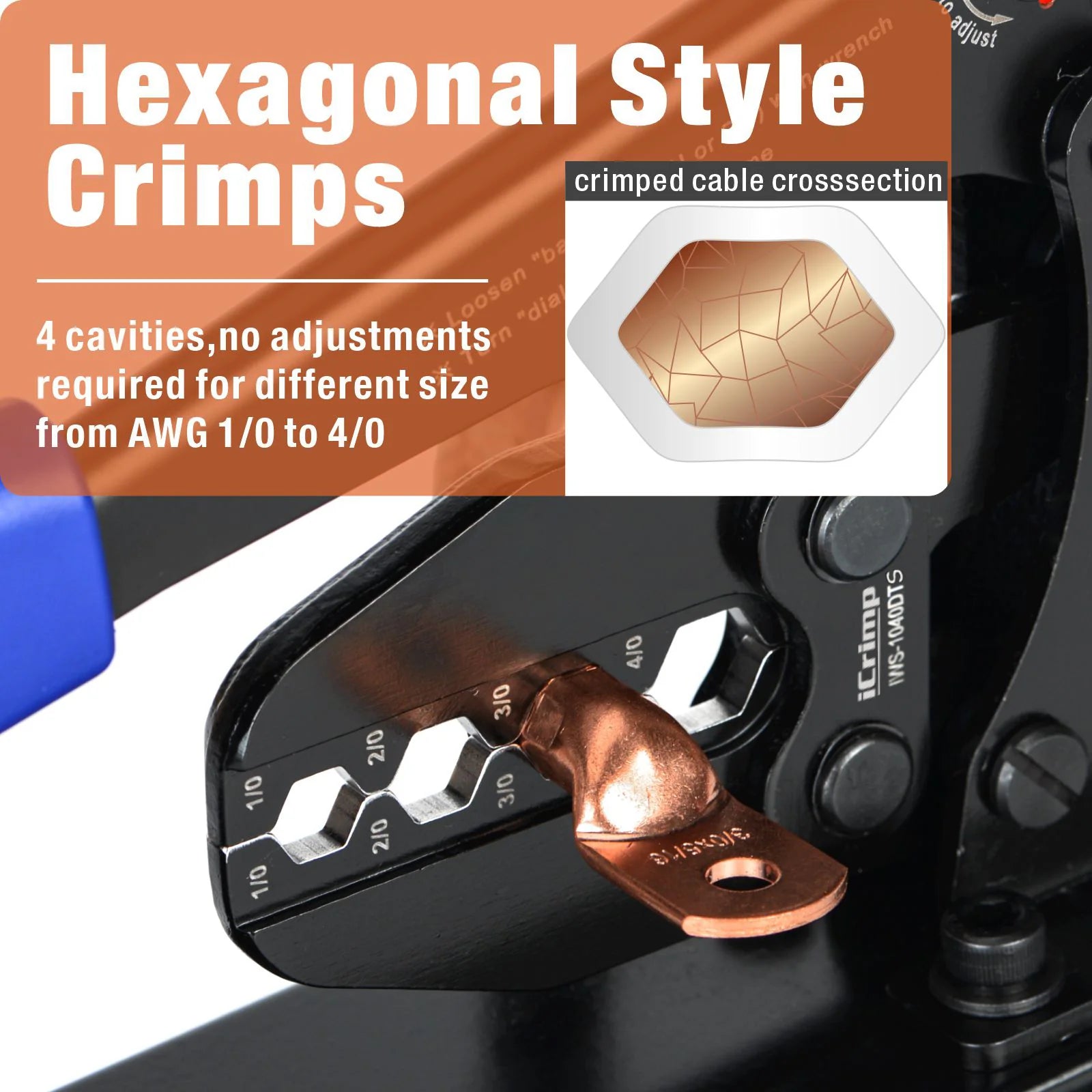 IWS 1040DTS Professional Battery Cable Crimper Tool for AWG 1/0 to 4/0 Gauge Copper Wire Lugs - Heavy Duty Crimping for Automotive, Marine, and Solar Power Applications