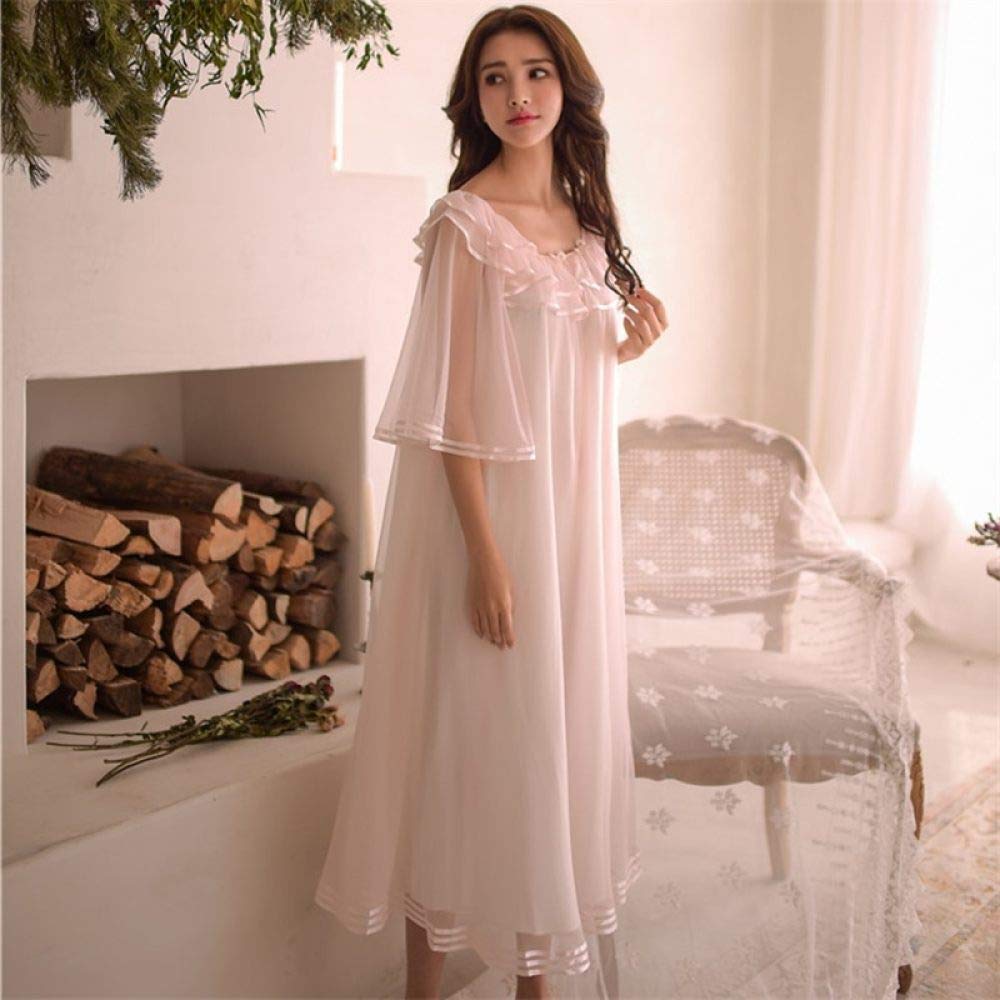 YRTHOR Women's Flare Sleeve Ruffle Lace Sleep Dress - Soft Cotton Nightgown for Summer & Fall - Cute Pink Sleepwear (One Size) - Perfect for Bedtime, Lounging & Vacation Comfort