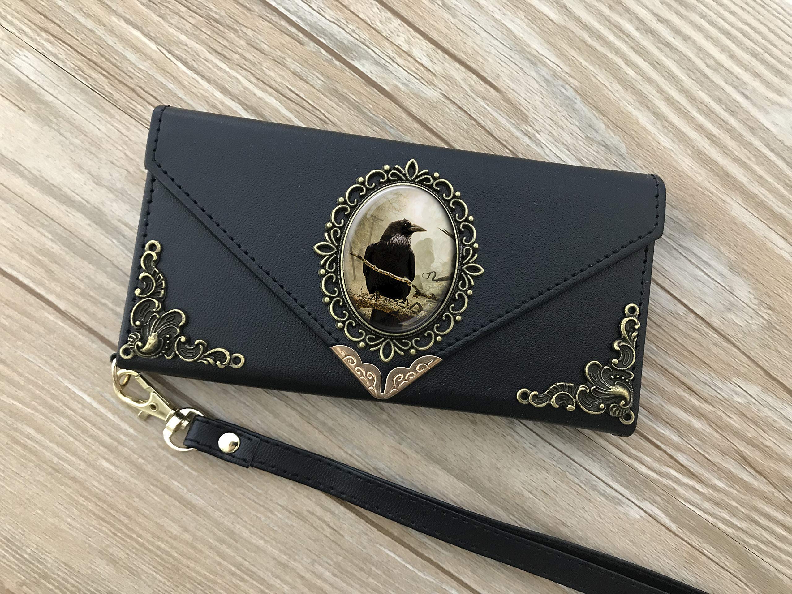 Gothic Crow Leather Wallet Phone Case for iPhone X XS XR 11 12 13 14 Pro Max & Galaxy S23 S22 S21 S20 Ultra S10 S9 Note 20 8 9 10 Plus - Slim RFID Blocking Card Holder with Kickstand (DC045) - Perfect for Daily Use, Travel & Gothic Fashion Accessories