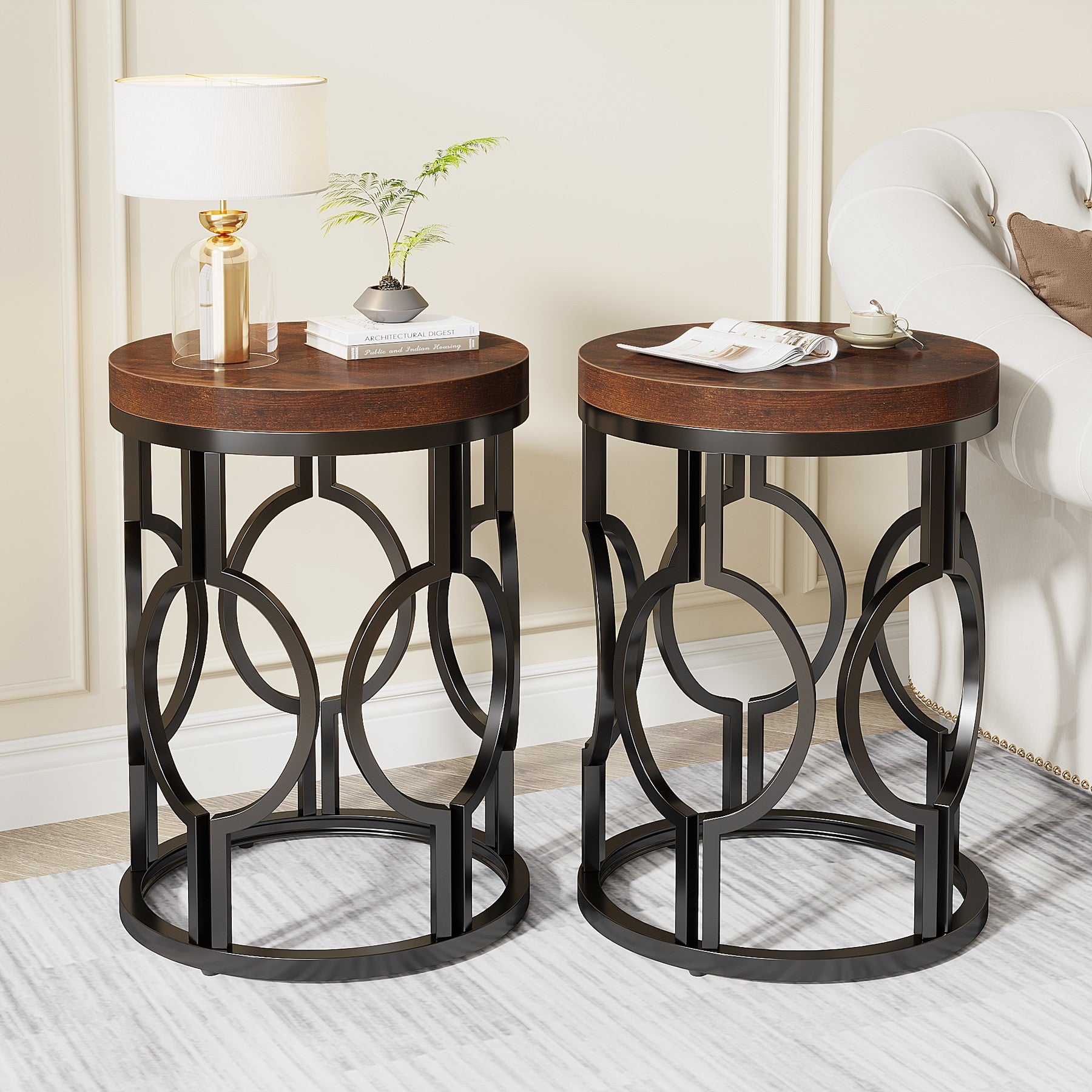 Industrial Round End Table with Metal Hollow Frame - Sturdy Side Table for Living Room, Bedroom, or Office Decor