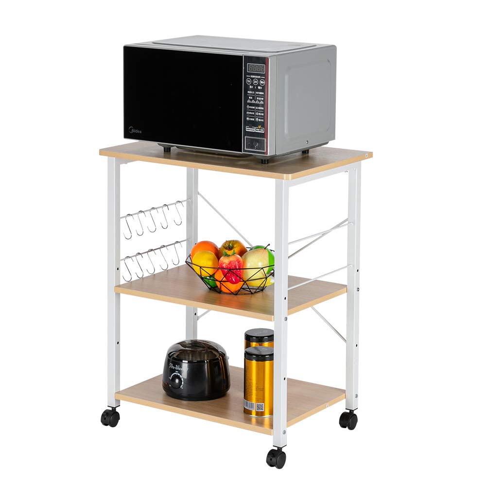 3-Tier Microwave Cart with 10 Hooks - Kitchen Bakers Rack, Oven Stand & Storage Shelf for Small Spaces (Khaki) - Perfect for Apartments, Dorms & Compact Kitchens