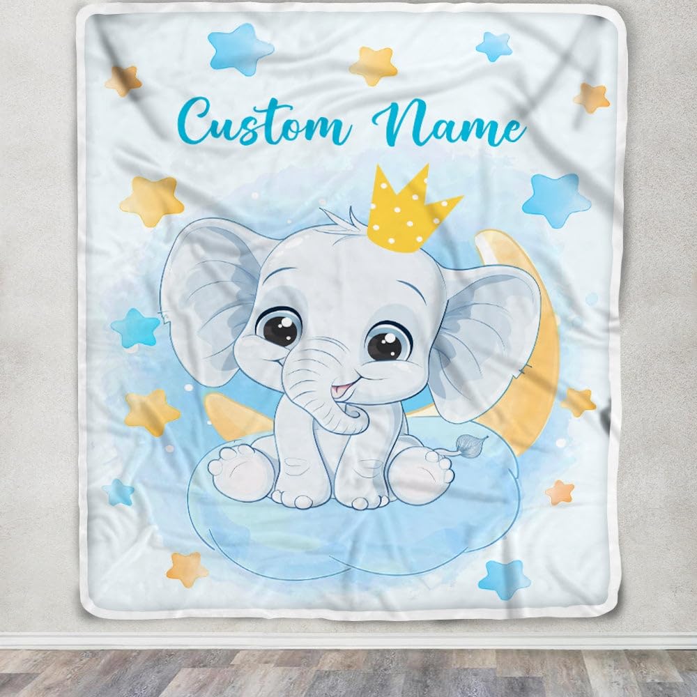 Personalized Baby Blanket with Elephant & Stars Design - Custom Fleece Blanket for Newborn Boys, Girls, Grandkids - 50