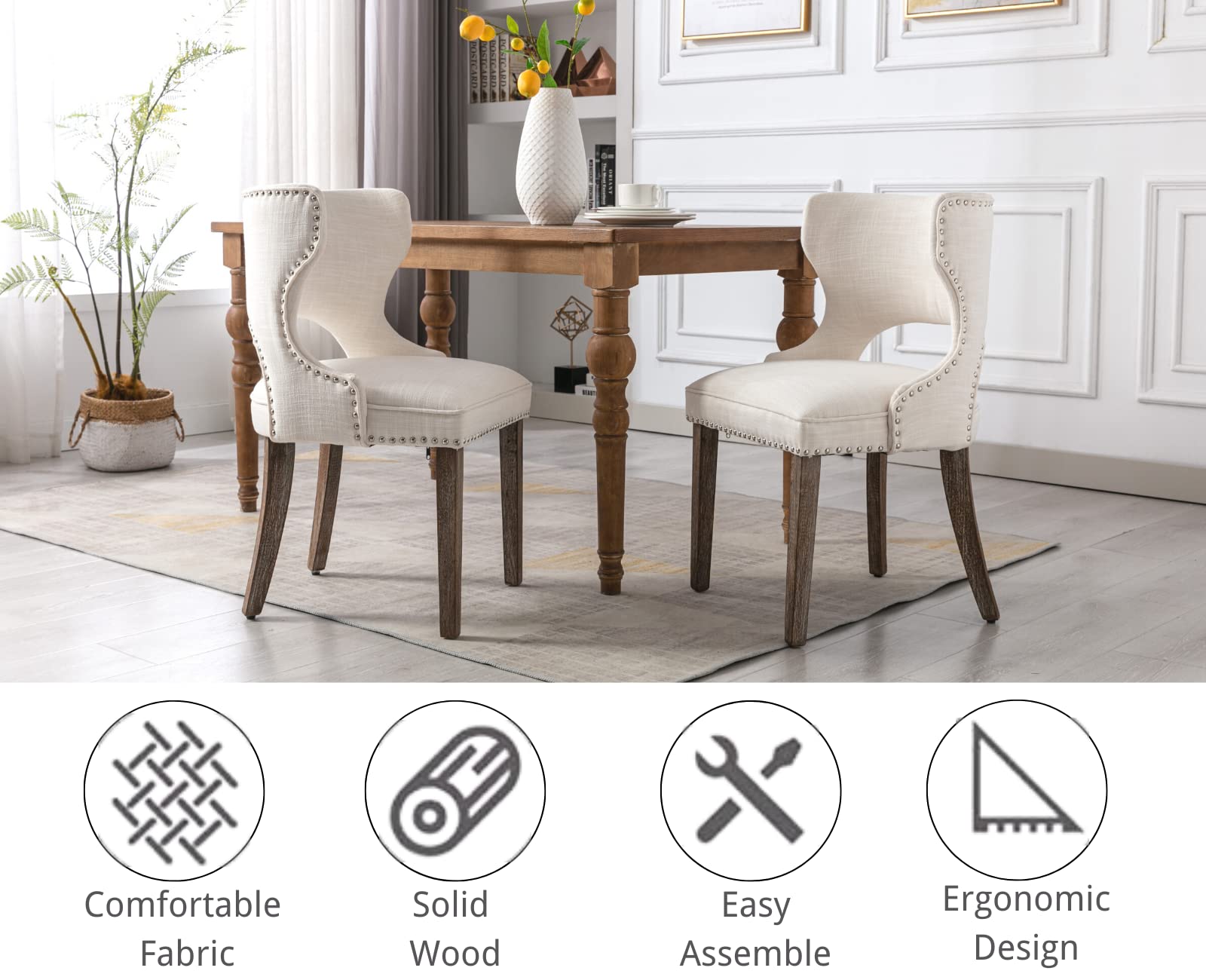 Mid Century Modern Dining Chairs Set of 2 - Upholstered Armless Side Chairs with Open Back & Nailhead Trim - Linen Beige Kitchen/Dining/Living Room Furniture - Perfect for Small Spaces & Contemporary Home Decor