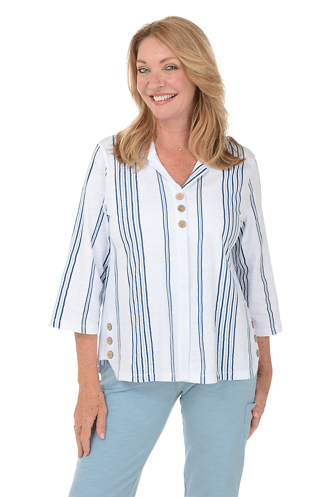 Women's Striped Button Front Slub Knit Top - Casual Short Sleeve Shirt for Summer Outfits, Beach Wear & Everyday Style