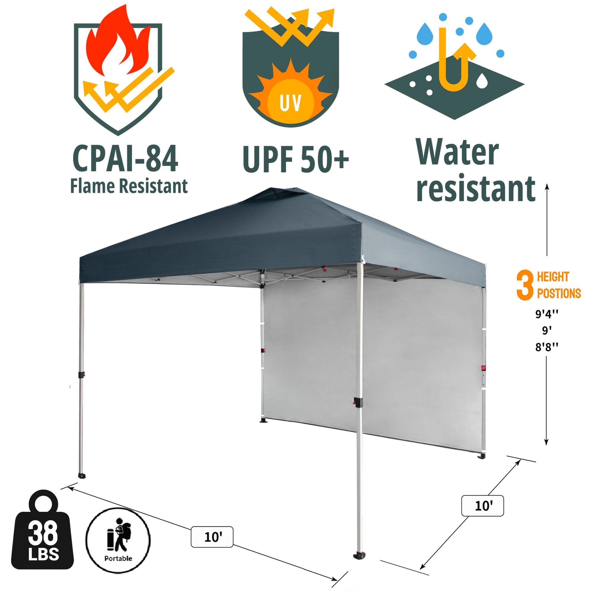 CROWN SHADES 10x10 Pop Up Canopy Tent with 1 Side Wall - Instant One Push Setup Sun Shelter for Beach, Camping, Backyard Parties - Portable Outdoor Gazebo with STO-N-Go Carry Bag (Grid Grey) - Perfect for Picnics, Tailgating and Outdoor Events