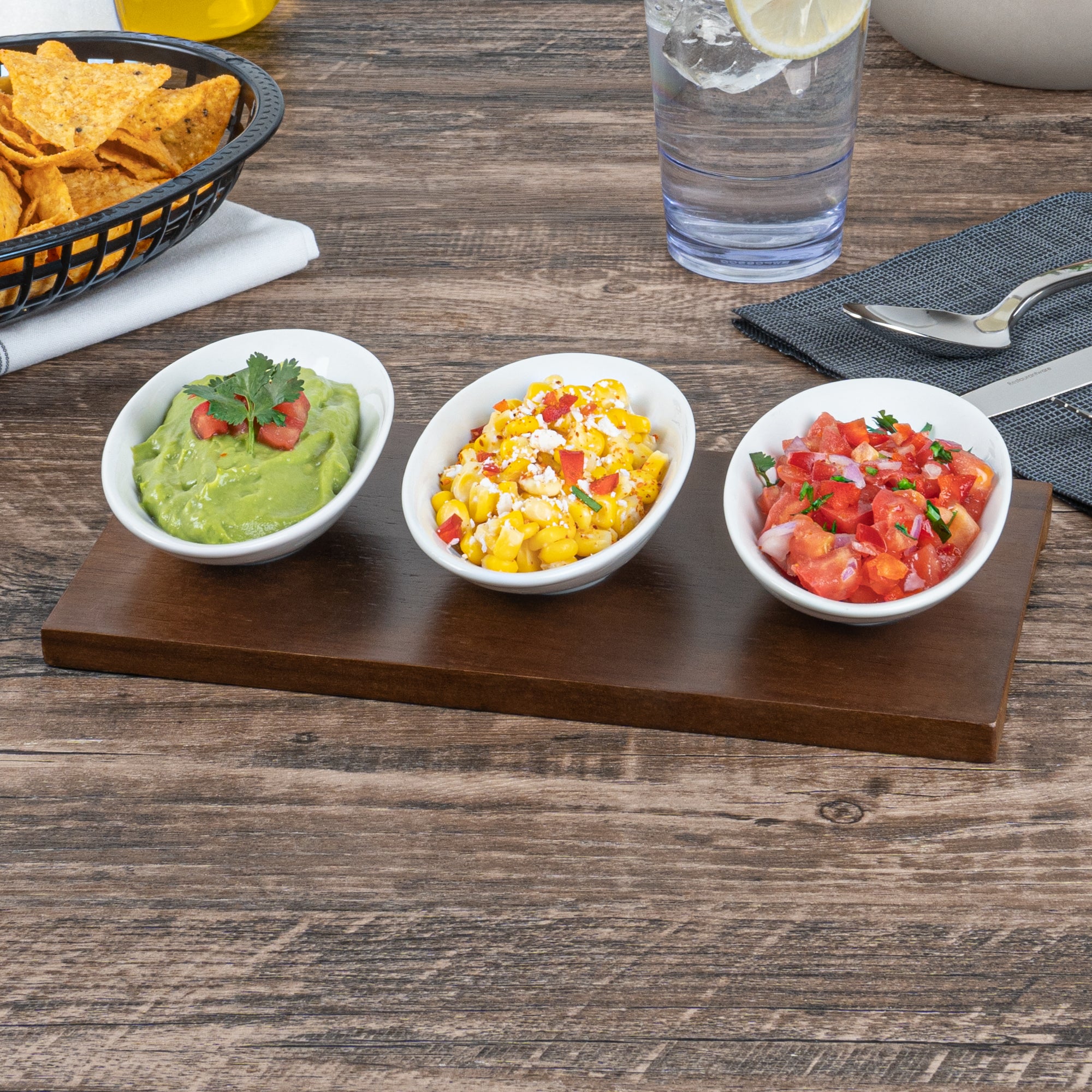 Premium 9 oz White Porcelain Rectangular Ellipse Bowls Set of 3 with Bamboo Tray - 10.25