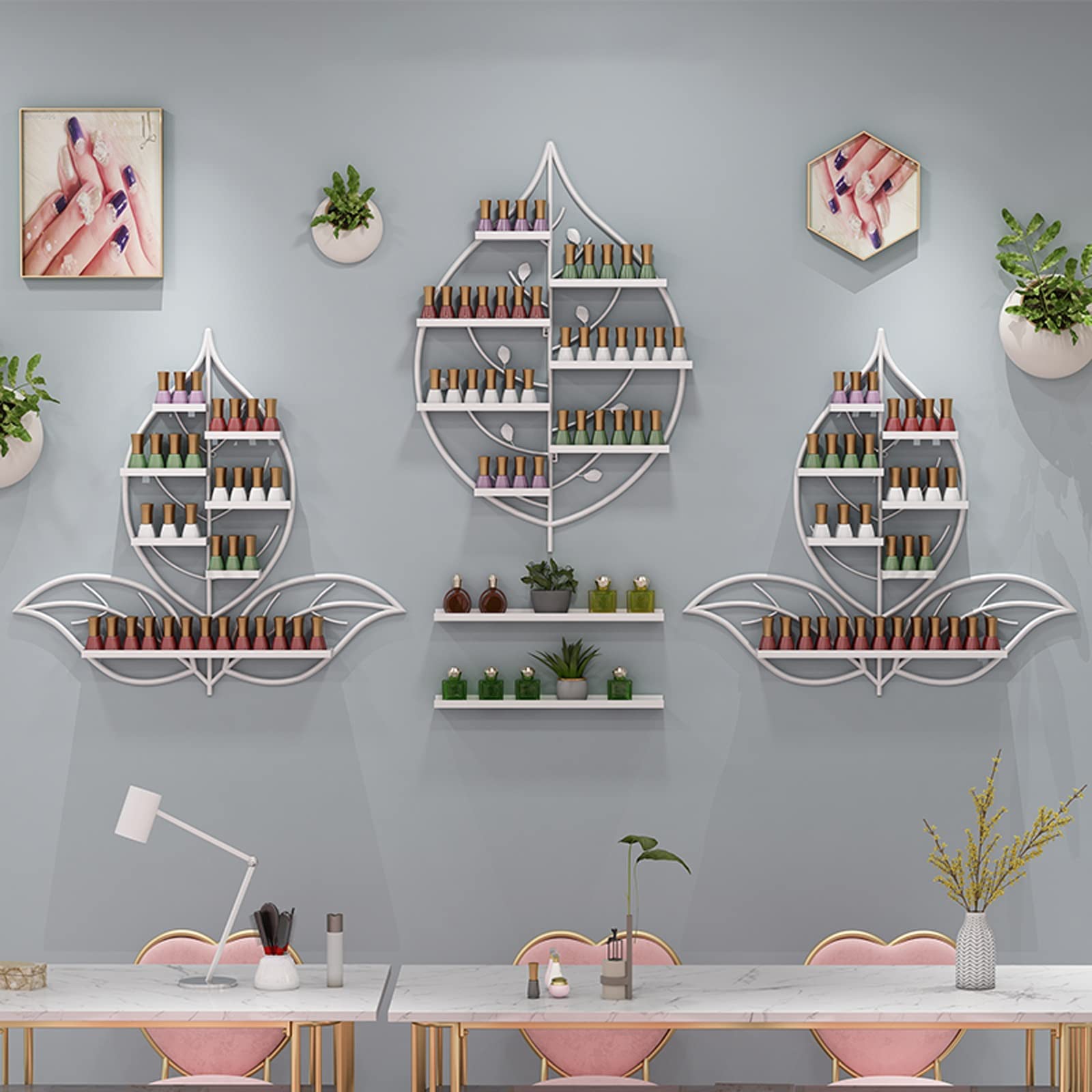 BBTF Wall Mounted Nail Polish Organizer Rack - Leaf Shaped Wrought Iron Design, Stable & Durable - White/Black/Gold - Perfect for Home, Salon, Spa & Nail Business Organization