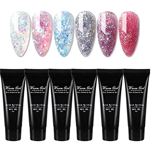 Glitter Poly Nail Gel Kit - 6 Colors for Nail Extension & Enhancement | Home Salon Use