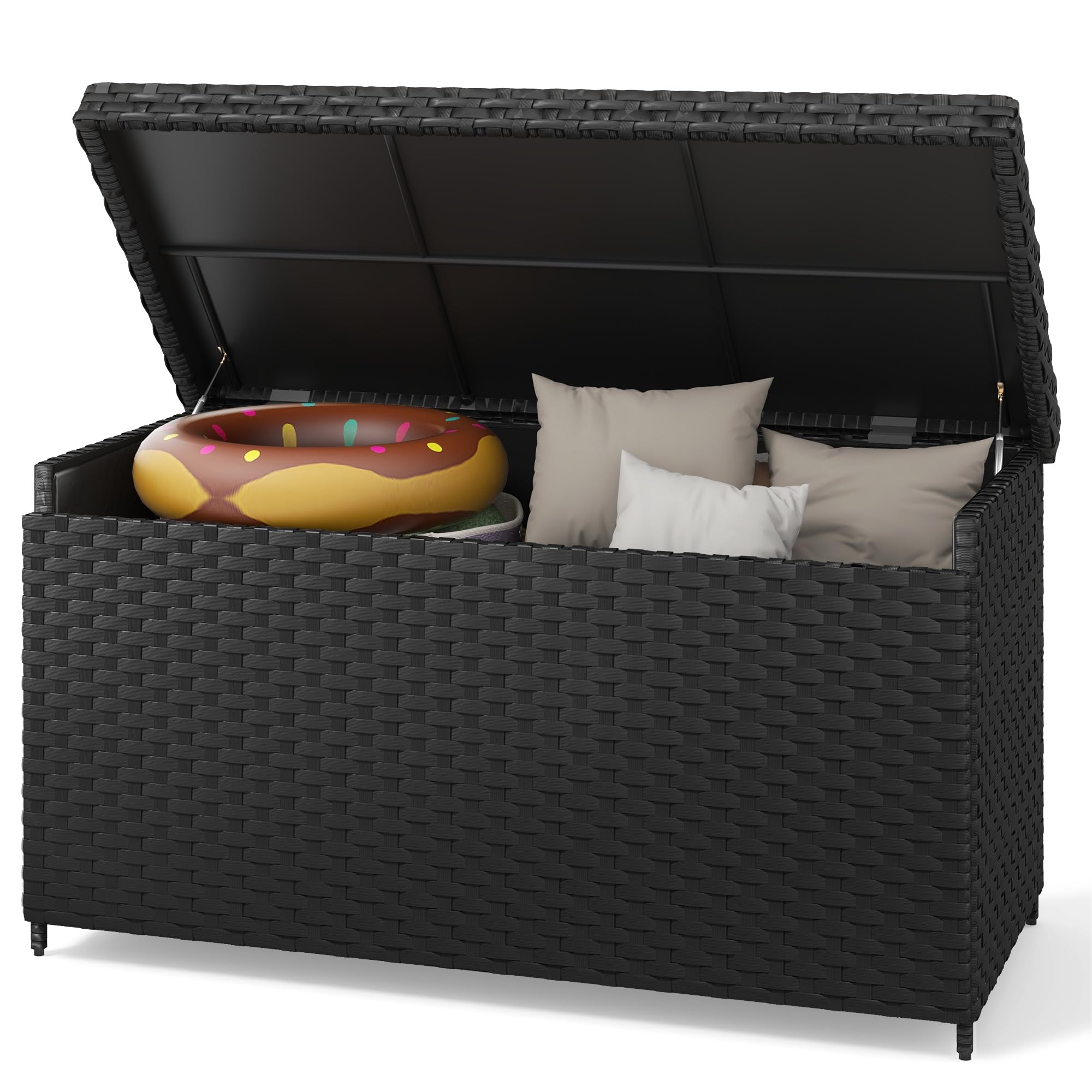 DWVO 170 Gallon Outdoor Storage Box - Weatherproof Wicker Deck Box with Lockable Lid - Large Patio Furniture Storage Container for Cushions, Pool Toys & Garden Tools - Perfect for Backyard, Deck & Poolside Organization (Black)