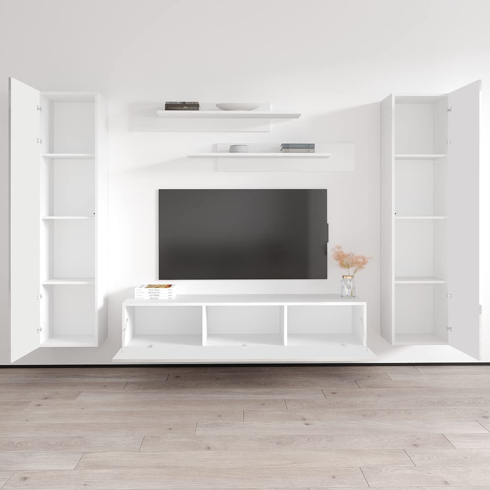 Modern Floating TV Stand with Storage & LED Lights - Wall-Mounted Entertainment Center Console for Bedroom & Living Room - White Meble Furniture Fly AB1 30