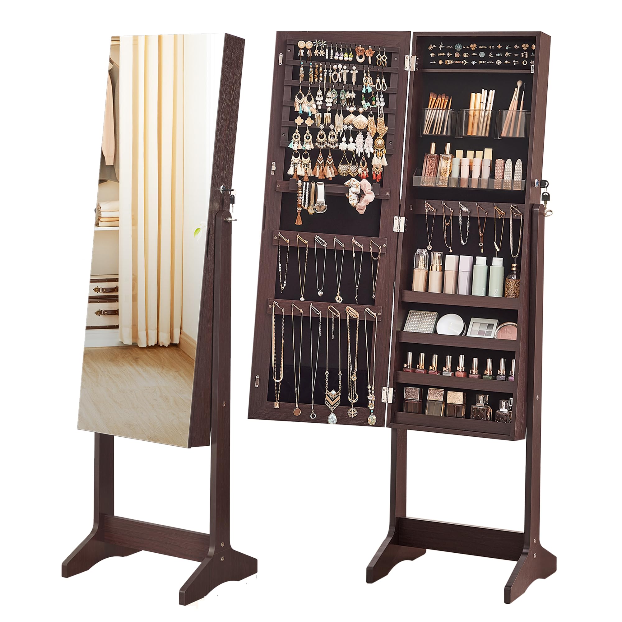 SONGMICS Jewelry Cabinet Armoire with Full-Length Mirror - Freestanding Lockable Jewelry Organizer with 2 Cosmetic Drawers, Necklace & Earring Storage - Brown UJJC002K01 - Perfect for Bedroom, Closet & Dressing Room Organization