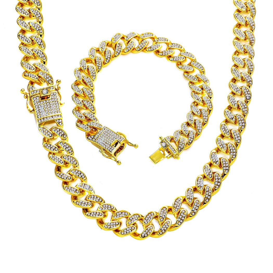 13mm Iced Out Men's Necklace Chain - Heavy Duty Bling Cuban Link Chain in Gold & Silver - Miami Curb Style with Rhinestone Clasp - Perfect for Hip Hop Fashion, Parties & Luxury Gifts