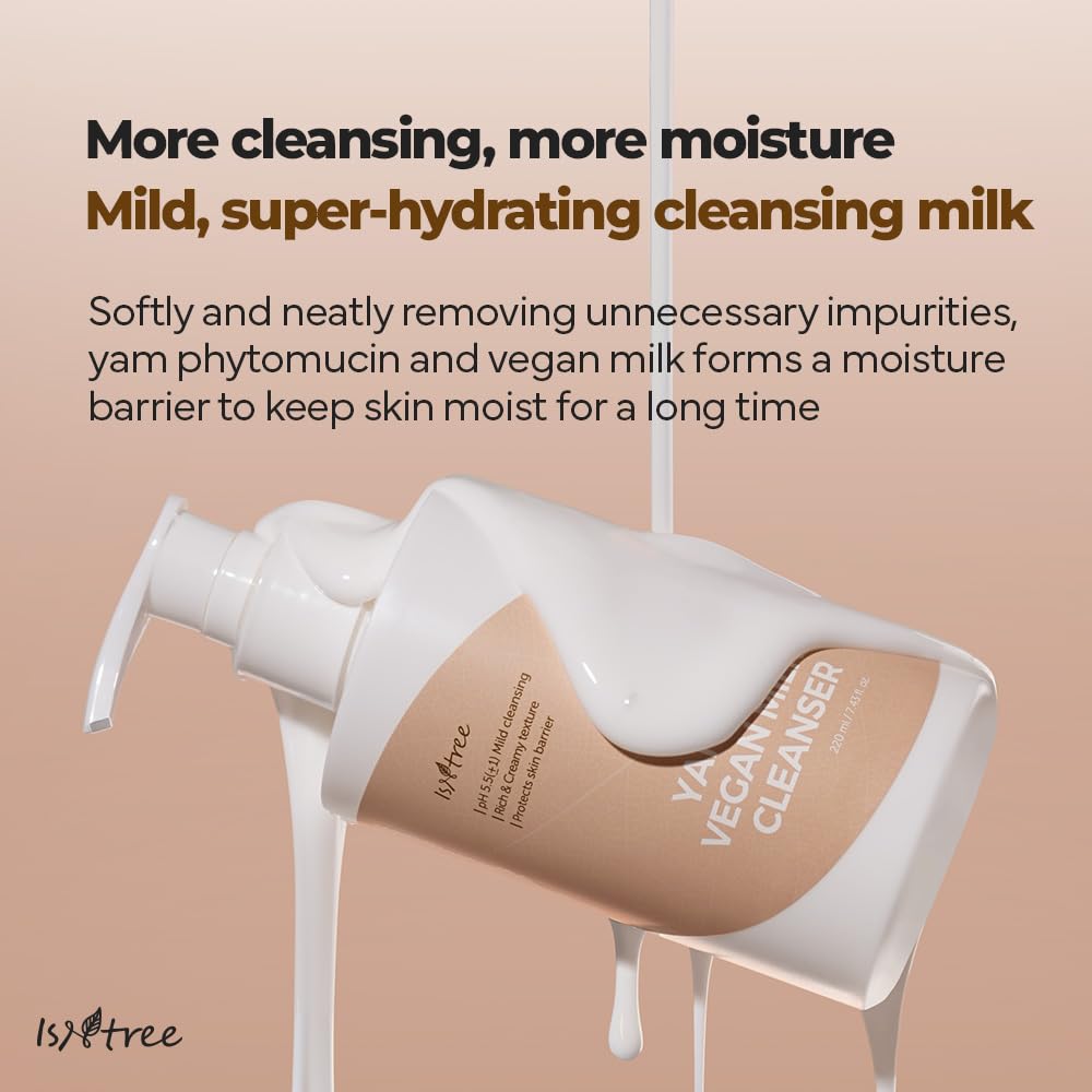 IsNtree Yam Root Vegan Milk Cleanser 220ml (7.43 fl.oz) - Korean Skincare for Hydration & Gentle Cleansing | Rich Creamy Texture | Vegan & Cruelty-Free | Perfect for Dry & Sensitive Skin - Morning & Night Face Wash Routine