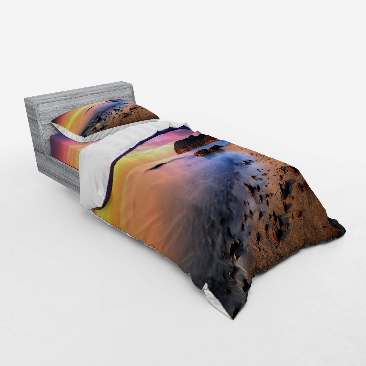 Ambesonne Mediterranean Sunrise Beach Duvet Cover Set - 3 Piece Twin Size Bedding with Sham & Fitted Sheet - Coastal Pebble Print Design for Seaside Themed Bedroom Decor - Perfect for Guest Rooms, Vacation Homes & Beach House Retreats
