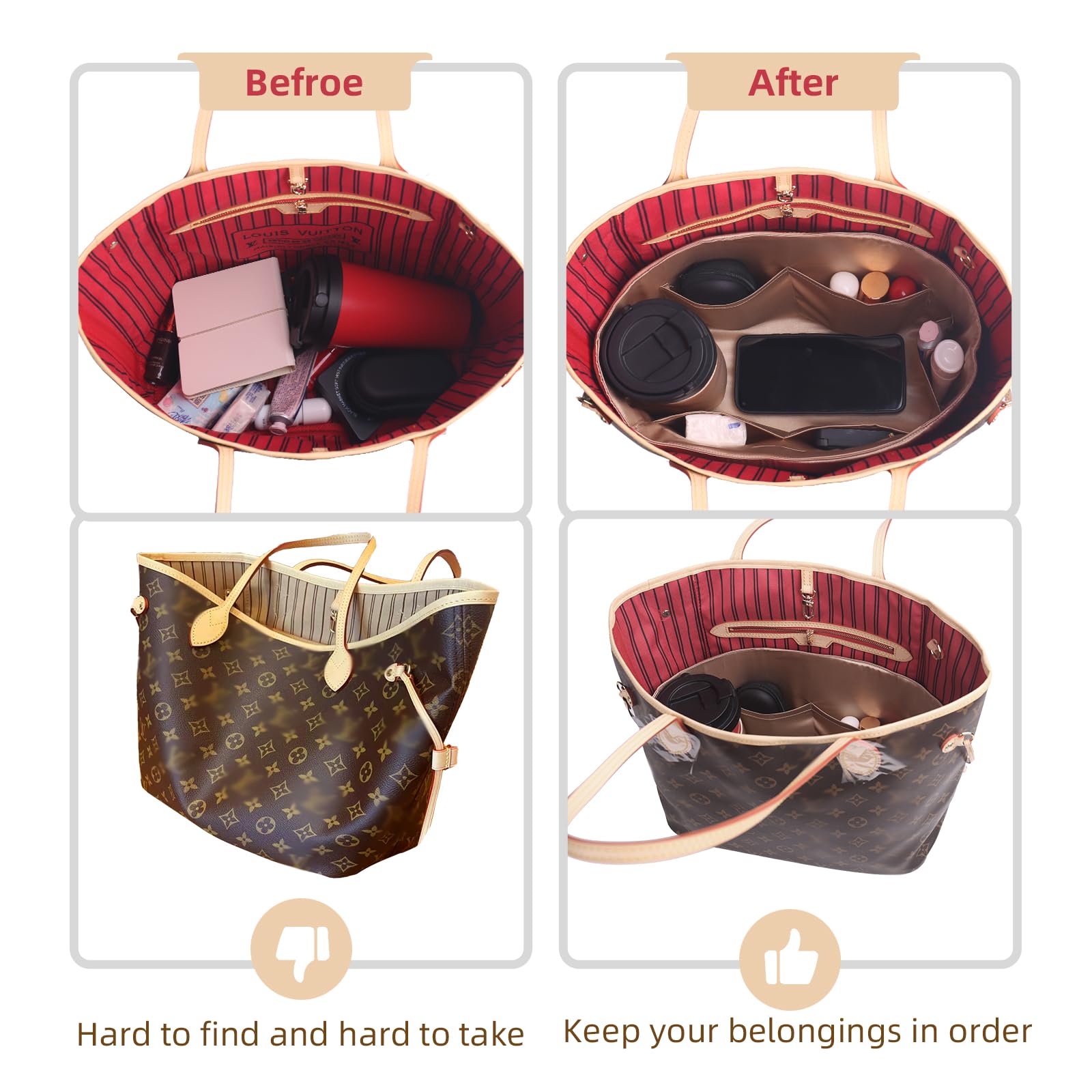 Premium Silk Smooth Purse Organizer Insert for Handbags & Tote Bags - Multi-Size Bag Organizer with Bottle Holder (Fits Speedy, Neverfull, ONTHEGO, Artsy & More) | Perfect for Travel, Work & Daily Essentials Organization